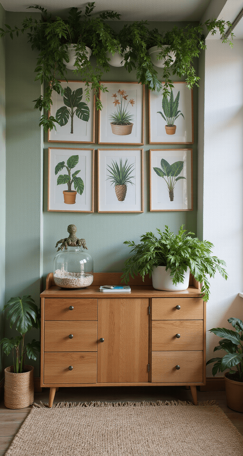 Compacte jungle-nursery met oversized botanische waterverfprints, lichte houten commode met koperen handgrepen, hangplanten die cascaderen, en natuurlijke materialen zoals kurk en bamboe. Zacht groen-beige kleurenpalet vanuit vogelperspectief.