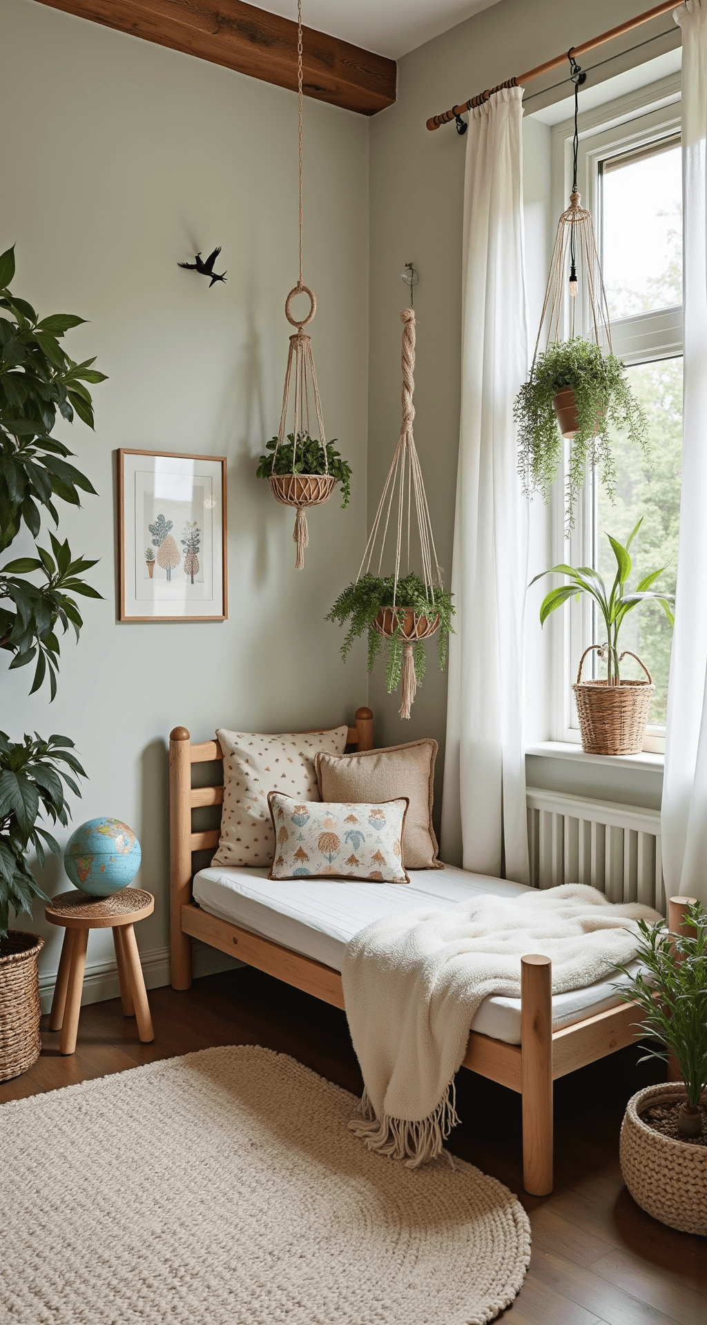 Zonnige kinderkamer met bohemian jungle thema, cremewitte muren met gouden diersilhouetten, vintage matgroen ledikant, macramé planthangers met varens, natuurlijk geweven tapijt in aardtinten, en een sfeervolle erker met rieten lampenkappen en oude globes.