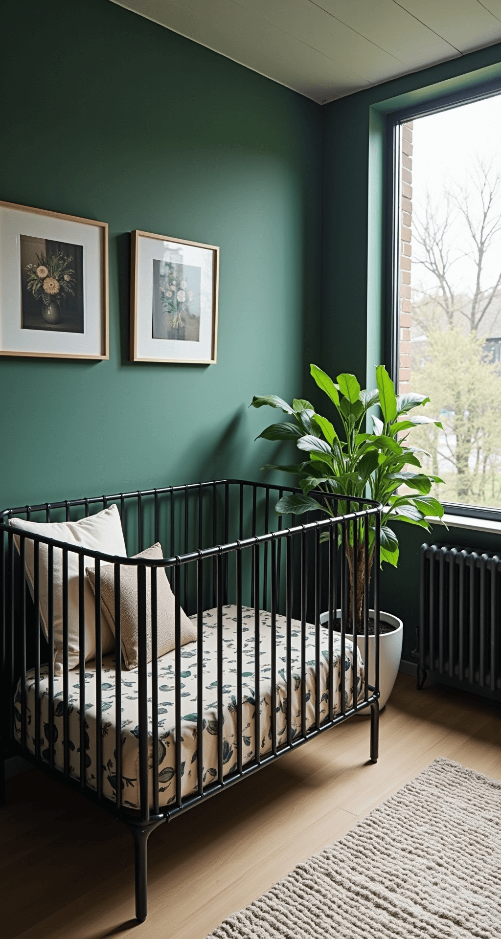 Moderne babykamer met donkergroen kleurvlak, geometrische dierenhoofden, zwart metalen ledikant en Mondriaan-geïnspireerde jungle prints, in schemerlicht.
