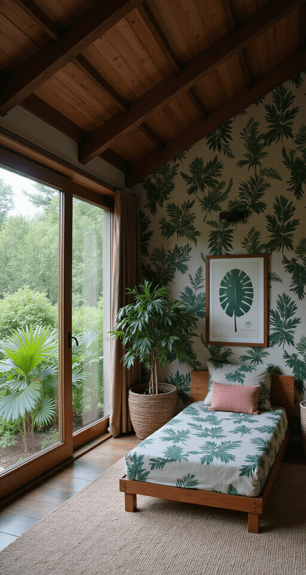 Een knusse zolderkamer met dakramen, natuurlijk daglicht dat schuin binnenvalt, rustieke jungle sfeer met blootgestelde houten balken, vintage houten ledikant met bladprint bedlinnen, handgeknoopte wandtapijten met junglescènes, en een rotan speelgoedmand.