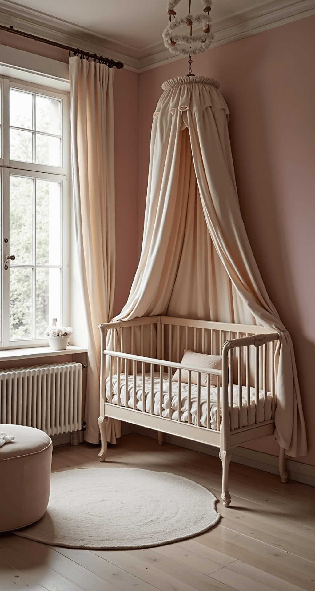 Romantische klassieke babykamer met een ivoorkleurig spijlenbedje, omgeven door tule gordijnen, een vintage schommelstoel en een klassieke kroonluchter, gefotografeerd in gouden ochtendlicht.
