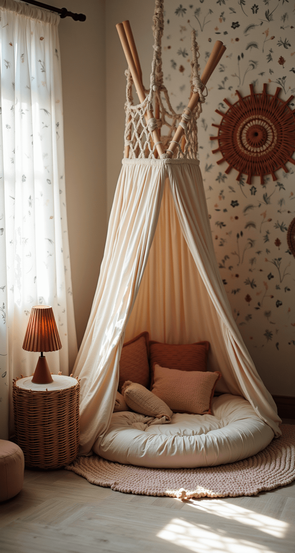 Bohemian chic kinderkamer met grote raampartij, rotan wieg, handgeweven tapijten en botanische prints, sfeervol verlicht door een rieten lampenkap.