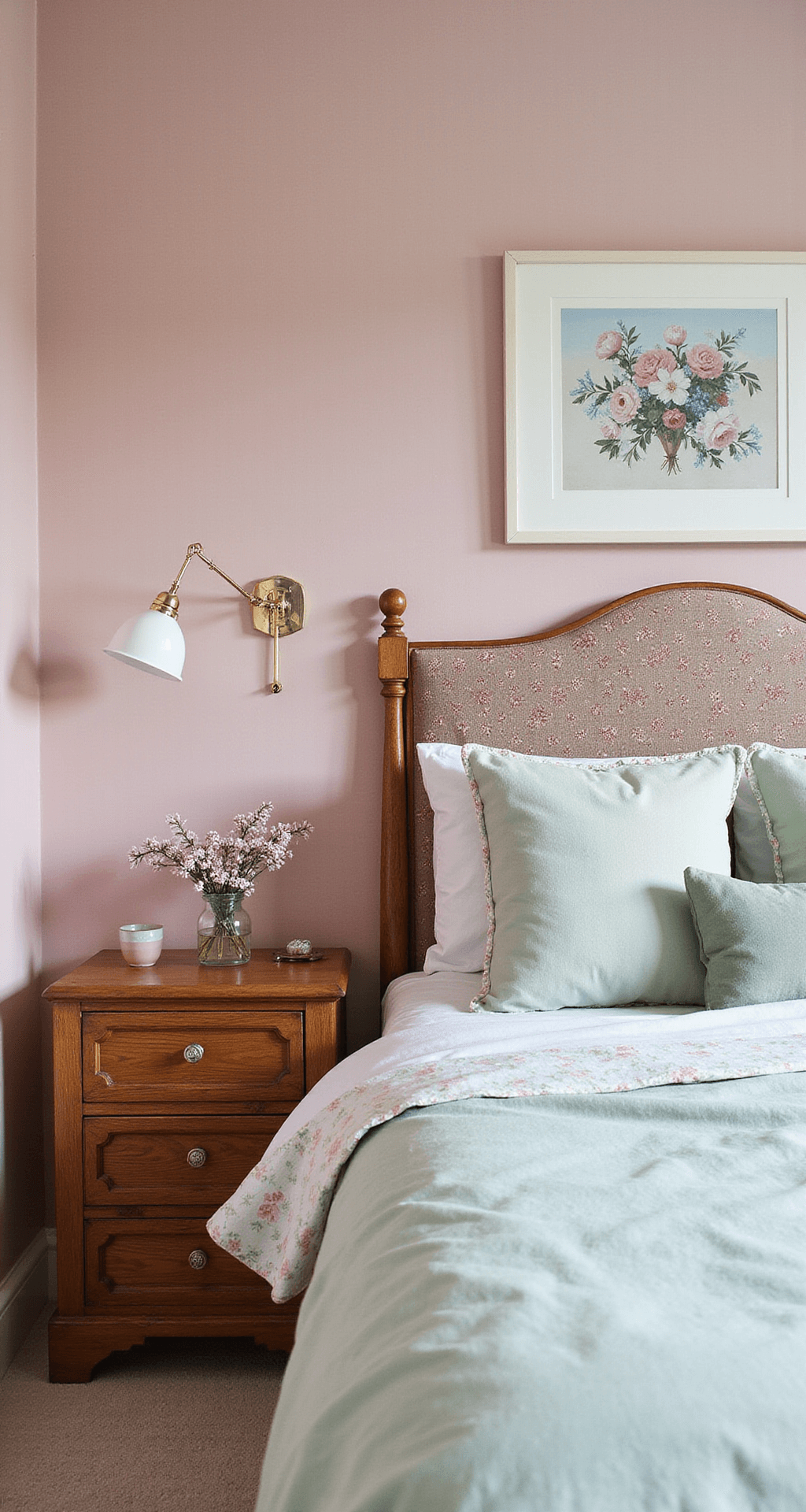 Knusse kamer van 3x4m in zachte ochtendschemering met vintage commodemet marmerblad, kristallen vaasjes en handgeborduurd behang in kleurverloop van oudroze naar lavendel, met een mintgroene fluwelen poef.