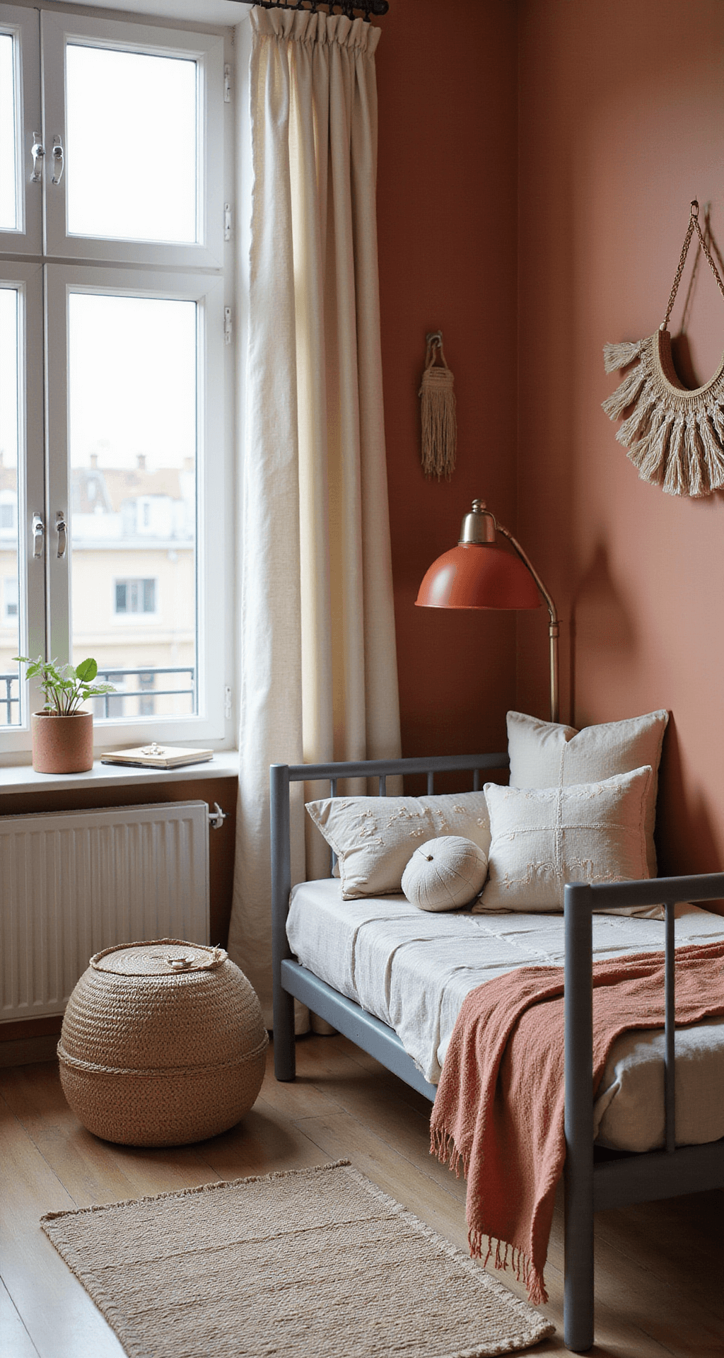 Intieme babykamer met dakkapel, warme terracotta accentmuur, lichtbeige linnen gordijnen, modern grijs ledikant met katoenen kussens, rotan lampenkap en een bohemien mobiel.