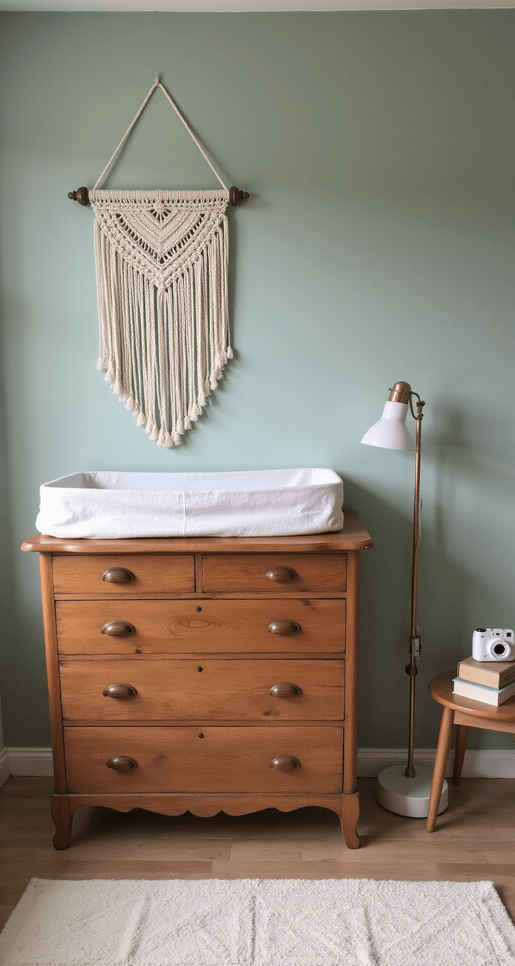 Rechthoekige babykamer met sage groene muren, warmwitte lambrisering, vintage houten commode met verschoonmat, macramé wandhanger, rieten opbergmanden, gebroken wit hoogpolig vloerkleed, natuurlijk houten vogeltjesmobiel en een staande lamp in avondlicht.