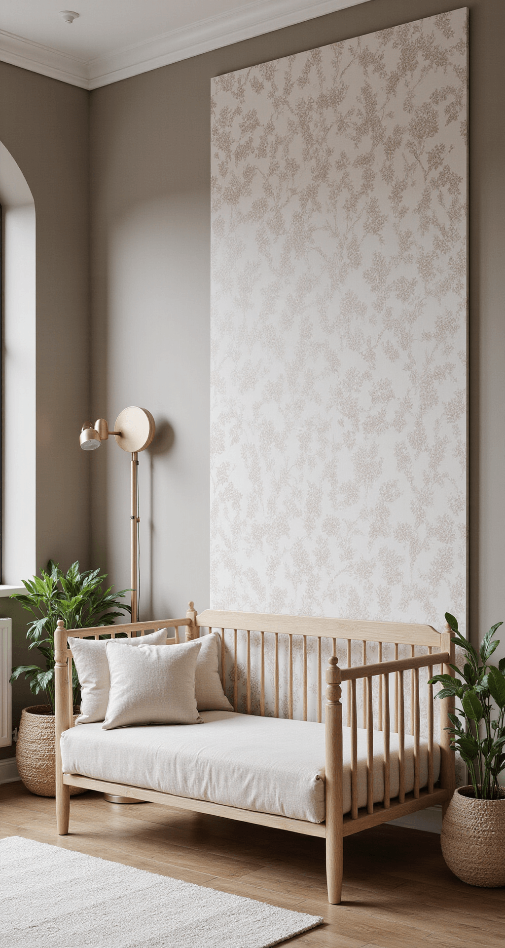 Moderne babykamer met grote raampartij in ochtendlicht, muren in warme greige tint, statement behangwand met botanisch patroon, minimalistisch wit ledikant, rotan hangstoel, houten wandrek met neutrale decoratie en planten, en gelaagde dimbare verlichting.