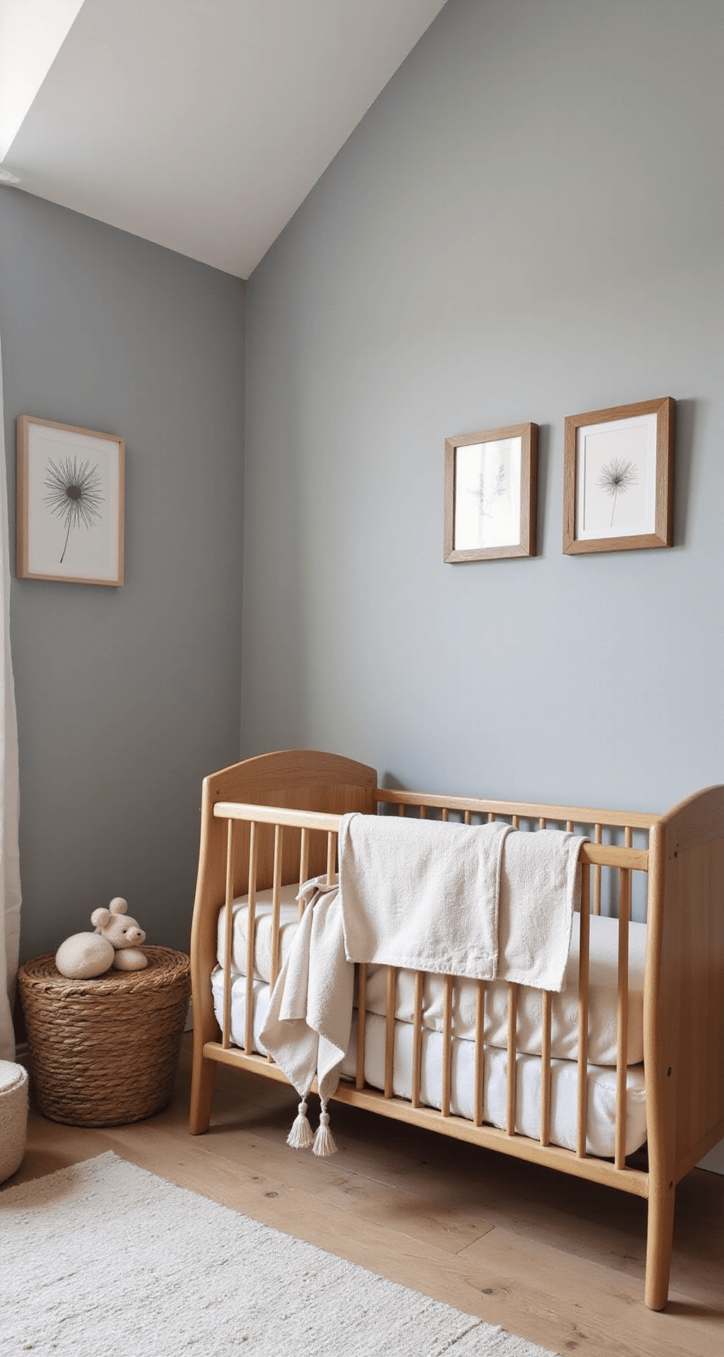 Knusse babykamer met zachtgrijze muren, rond gebleekt houten ledikant met natuurlijke linnen hemel, vintage ladekast, handgeweven wandkleed, zeegras mand met dekentjes en botanische prints, gefotografeerd in warm schemerlicht.