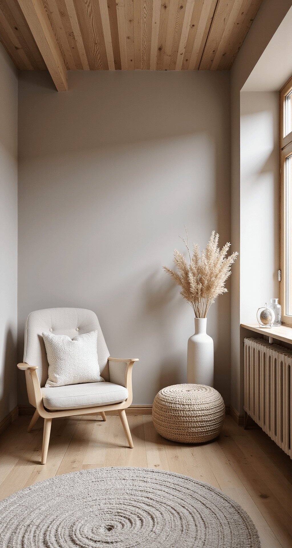 Ruimtelijke babykamer met hoog plafond en houten balken, muren in warm beige kalkverf, een XL fauteuil in bouclé stof, zwevende planken met natuurlijke decoratie, een handgemaakt houten ledikant en bamboe rolgordijnen, vastgelegd op ooghoogte voor nadruk op hoogte.
