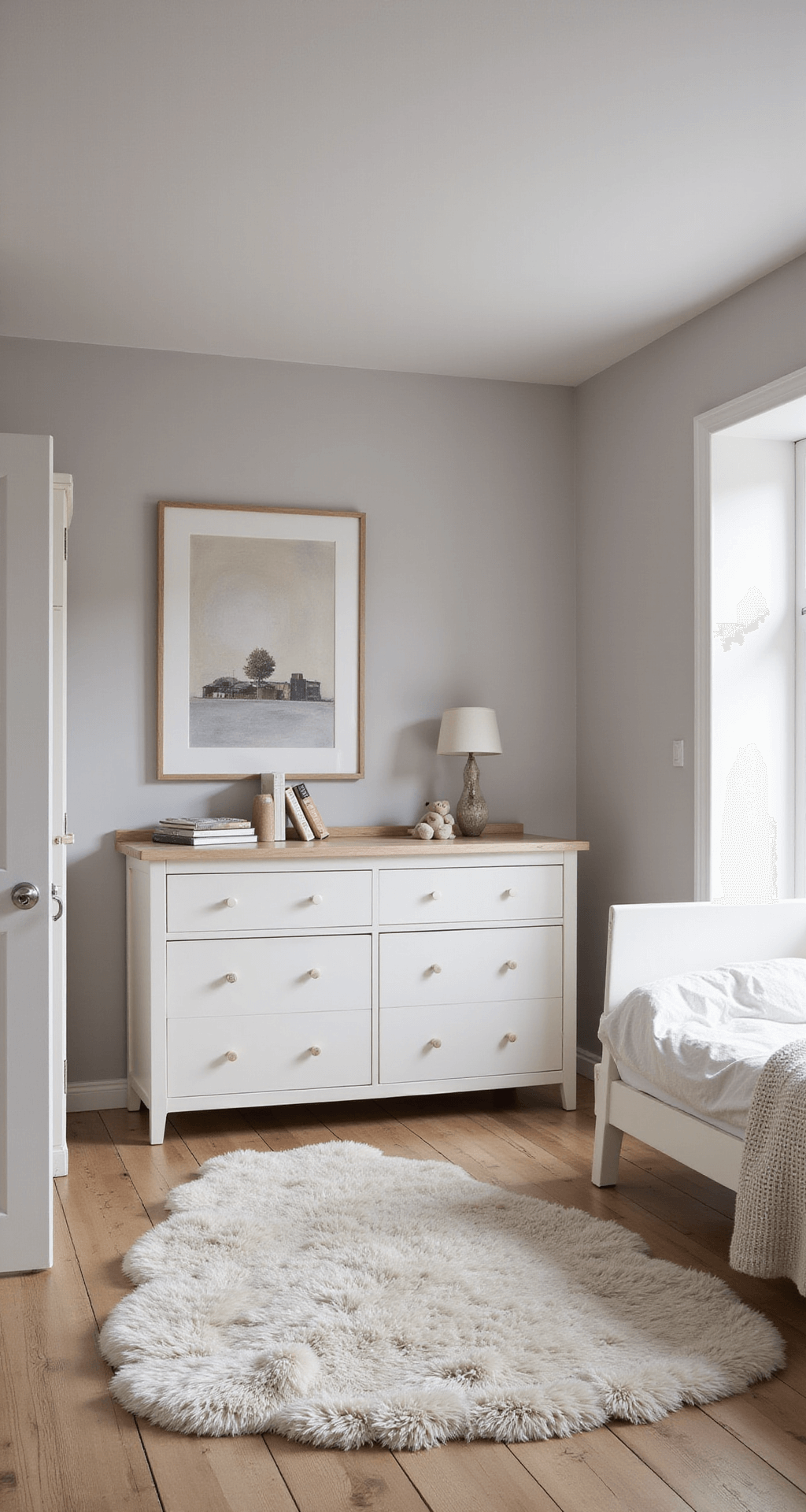 Compacte babykamer met lichtgrijze muren, multifunctionele commode/kledingkast in wit hout, zacht linnen bedhemel in natuurtint, rietenmand voor speelgoedopslag, abstracte wandkunst in neutrale tinten en een handgetuft wollen kleed met geometrisch patroon, vastgelegd in zacht ochtendlicht vanuit hoge hoek.