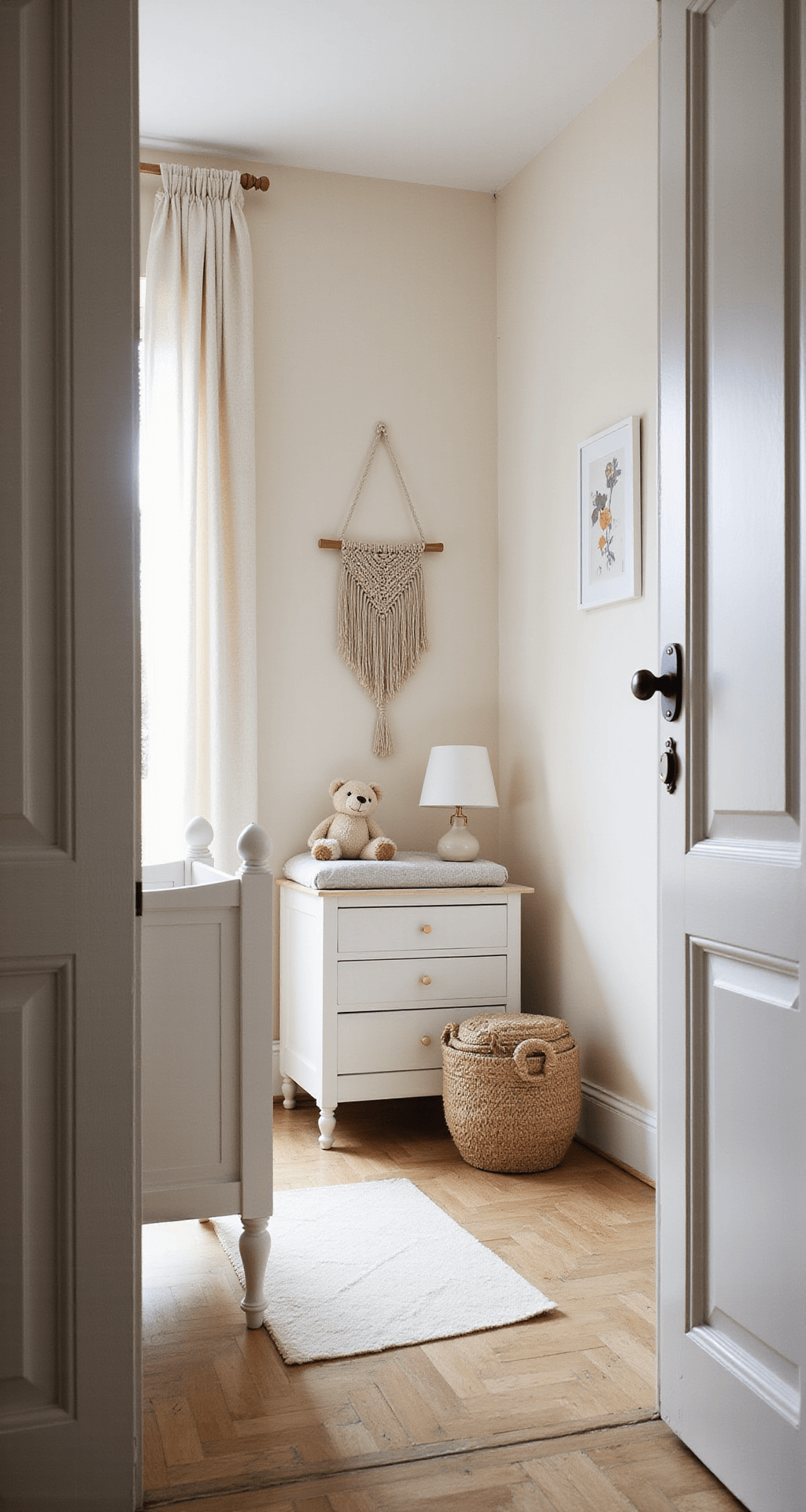 Ruime vierkante babykamer met crèmewitte muren en lichte eikenhouten vloer, minimalistisch wit ledikantje met linnen bedtextiel, mat-witte commode met rotan manden, grote raampartij met doorschijnende gordijnen, zeegras wandmand en beige kleed, houten schommelstoel met teddy-beige kussen, sfeervolle styling met macramé wandhanger en schapenvel.