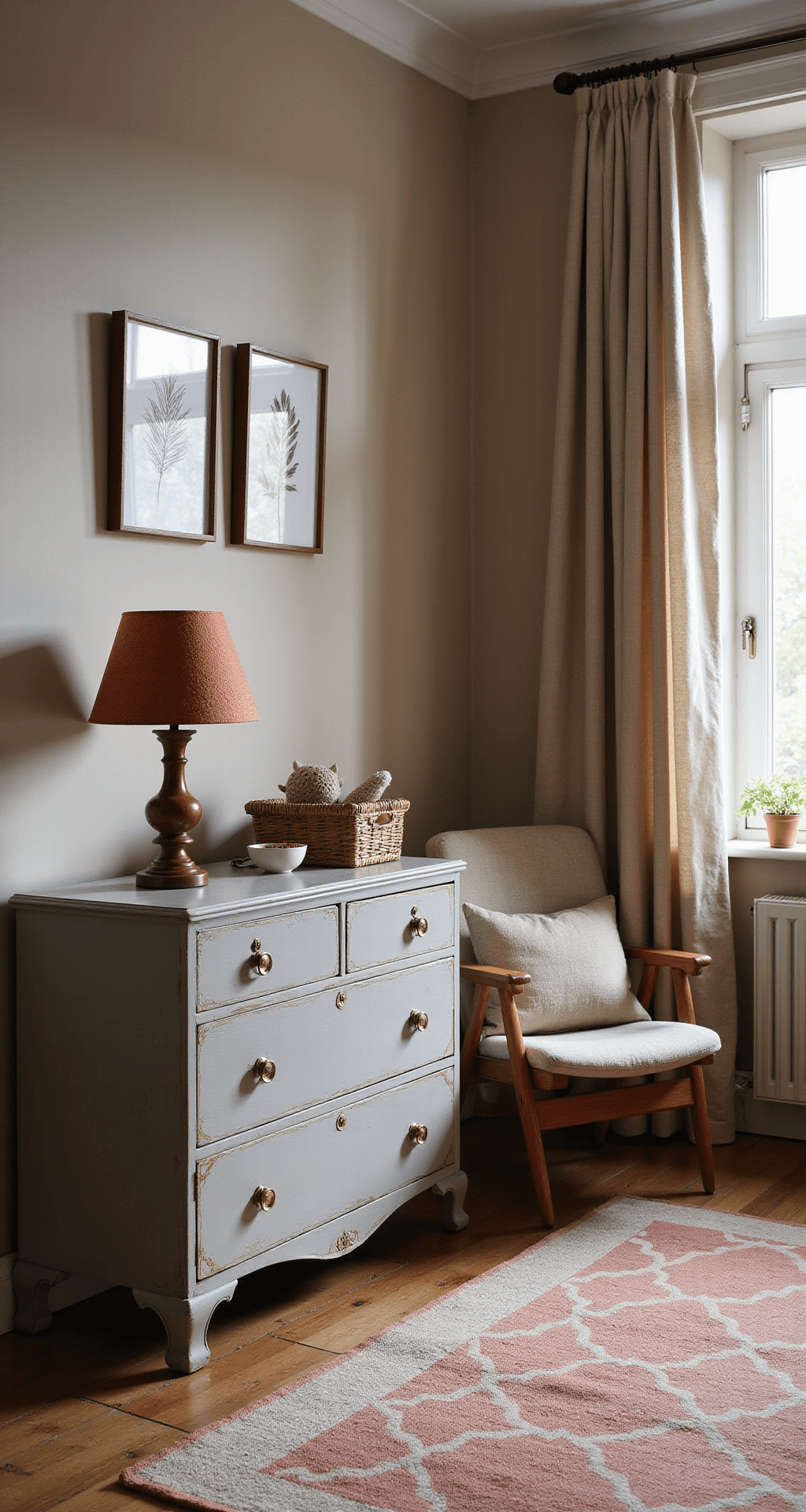 Intieme babykamer met zandkleurige muren en vintage houten ledikant, verlicht door middaglicht. Accessoires in terracotta en beige, handgeweven vloerkleed en rotan lampenkap. Verhoogd perspectief met dramatisch zijlicht.