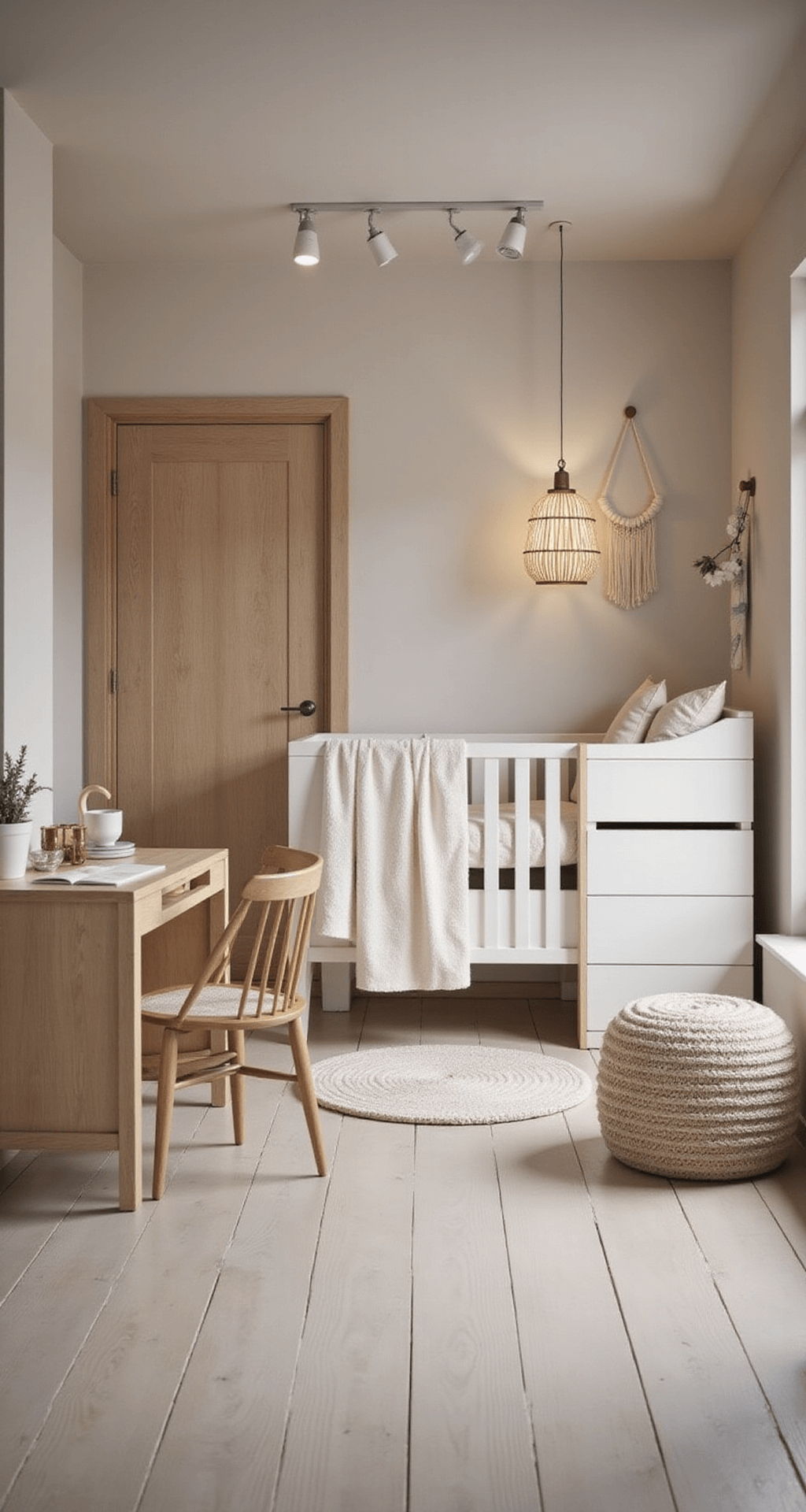 Moderne babykamer met warme LED-spots, grijsbeige muren en visgraat PVC-vloer. Zwevende wandplanken met neutrale knuffels, multifunctionele commode in mat wit, rotan hangstoel met crèmekleurig kussen en handgebreide poef in wolwit. Details zoals bamboe rolgordijn en macramé wandkleed zijn zichtbaar.