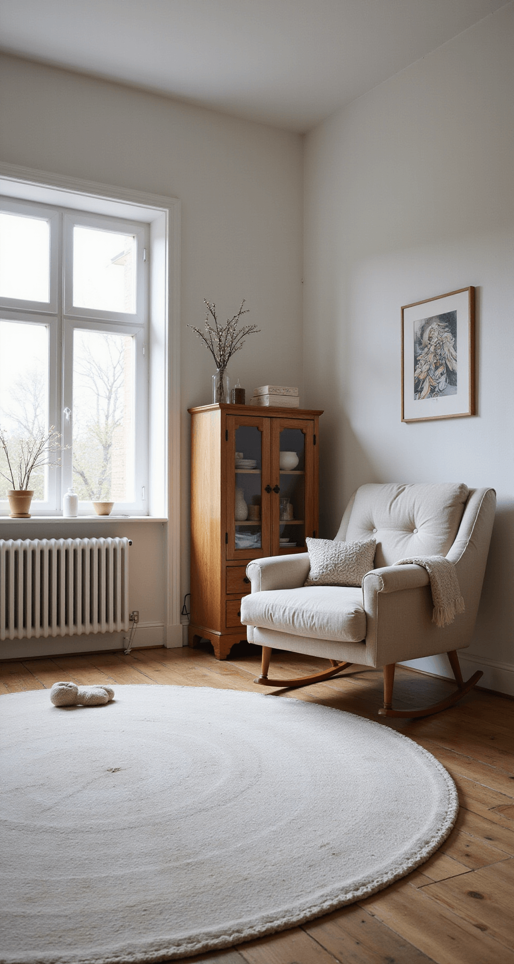L-vormige babykamer met warmwitte muren en lichte kurkvloer, ingericht met een houten ledikant, vintage rotan kast, zeegras manden en een oversized linnen fauteuil, gevangen in ochtendgloed met natuurlijk licht.