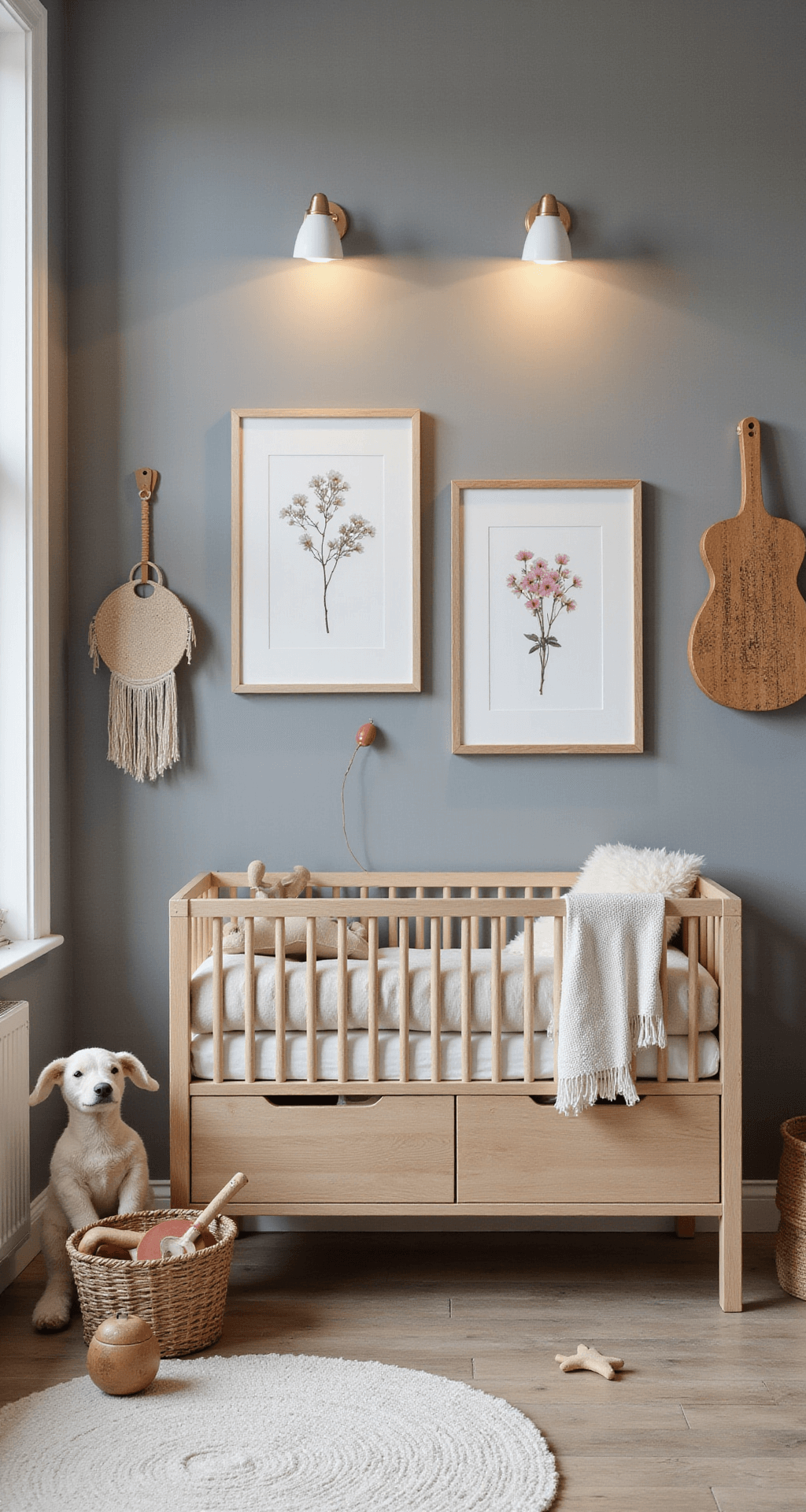 Compacte babykamer van 3x3 meter in avondverlichting met dimbare wandlampen, zachtgrijze lambrisering en witte bovenwanden. Scandinavisch ledikantje in gebleekt hout, vintage ladekast in kalkverf, en natuurlijk textiel zoals een linnen hemeltje, gehaakte deken en geweven kussens. Rotan speelgoedmand en houten letterbord, met botanische prints en een gevlochten wandmandje als decoratie. Centrisch perspectief, gefotografeerd met een 35mm lens en kunstlicht met warmfilter.