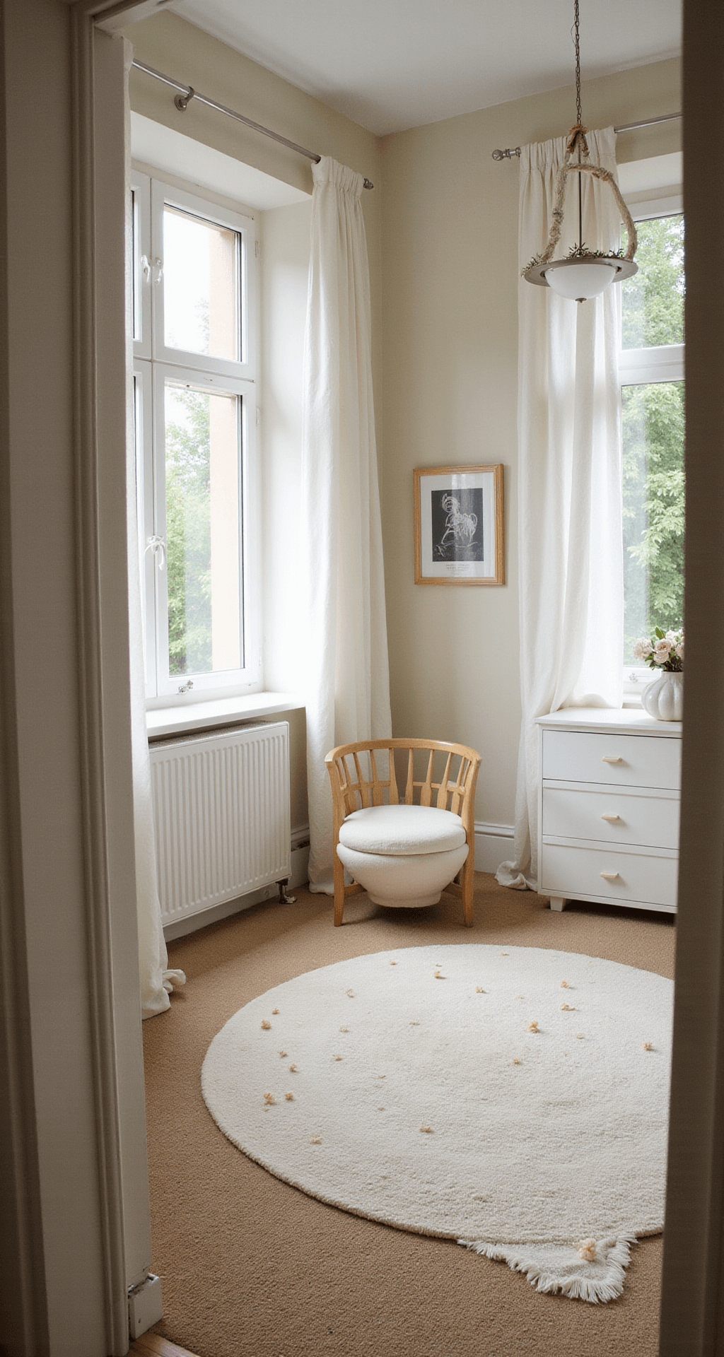 Ruime babykamer met pastelgele hoofdmuur, witte houten ledikant, eiken commode, zachte berber vloerkleed en okergele schommelstoel, verlicht door diffuus ochtendlicht en warme wandspots.