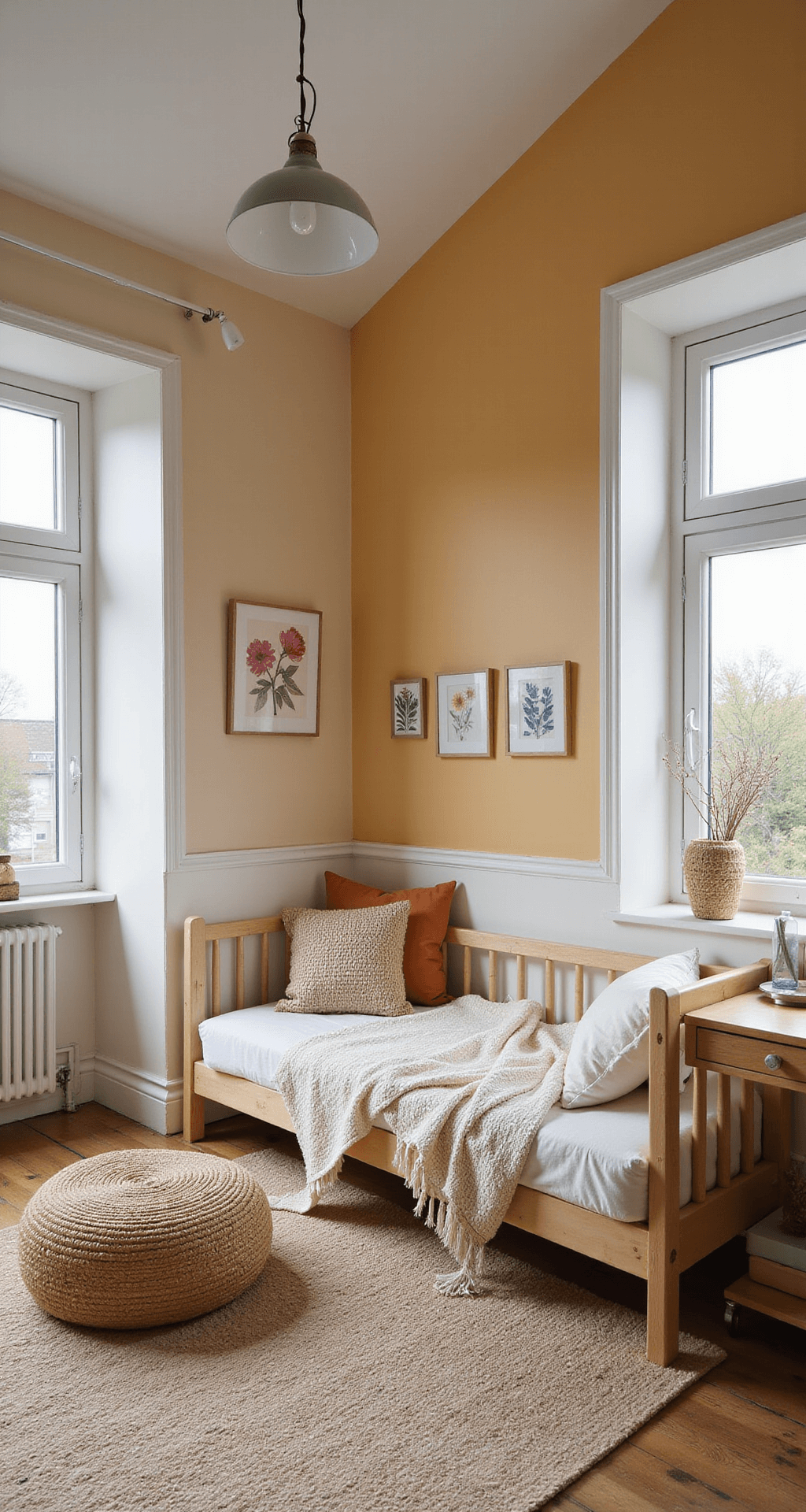 Panoramisch beeld van een L-vormige kinderkamer met okergele lambrisering en warm witte bovenwand, vintage wit metalen ledikantje met gele quilt, boho rotan speelhoek met gele zitzak en natuurlik jute tapijt, versierd met botanische prints in gouden lijsten, gefotografeerd vanuit een hoog standpunt met gouden uur belichting.