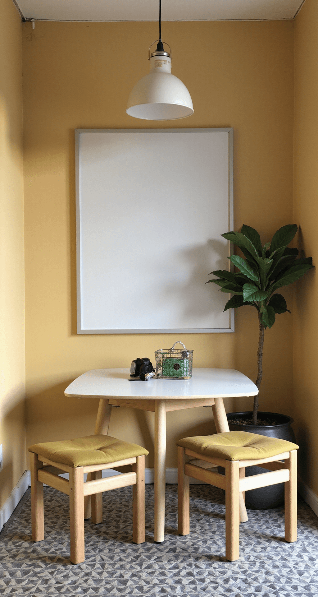 Vierkante speelhoek met citroengele kastenwand en witte handgrepen, Scandinavische speeltafel met kleine gele stoeltjes, zwart-wit vloerkleed met geometrisch patroon, en hangende rieten lampenkap in indirect ochtendlicht.
