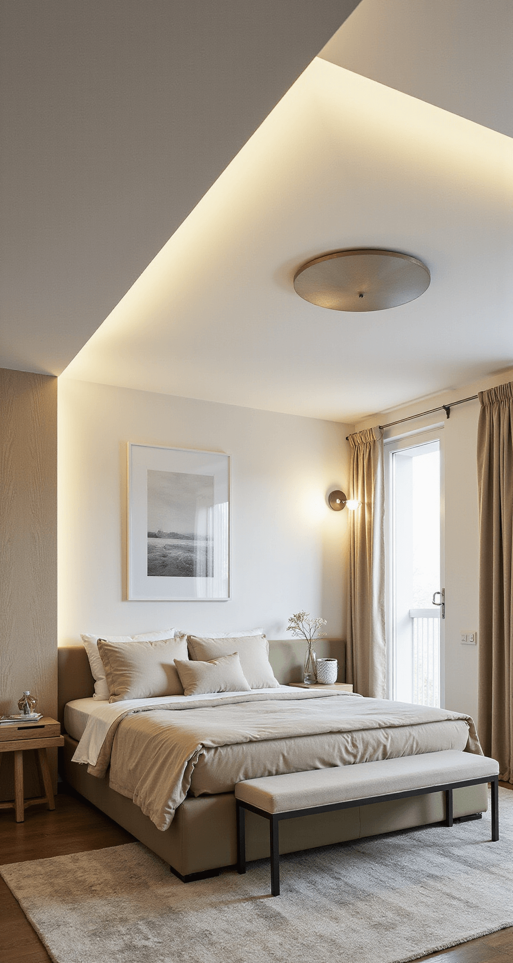 Sfeervolle rechthoekige slaapkamer van 3x4m, met een geel-wit wolkenbehang op de feature wall, lichtgrijze muren, een modern wit ledikant met gele wafelsprei, een grijze velours fauteuil met een okergele voetenbankje, en zwevende wandplanken met boeken en knuffels, gefotografeerd vanuit de diagonaal in zachte middaglicht door translucente gordijnen.