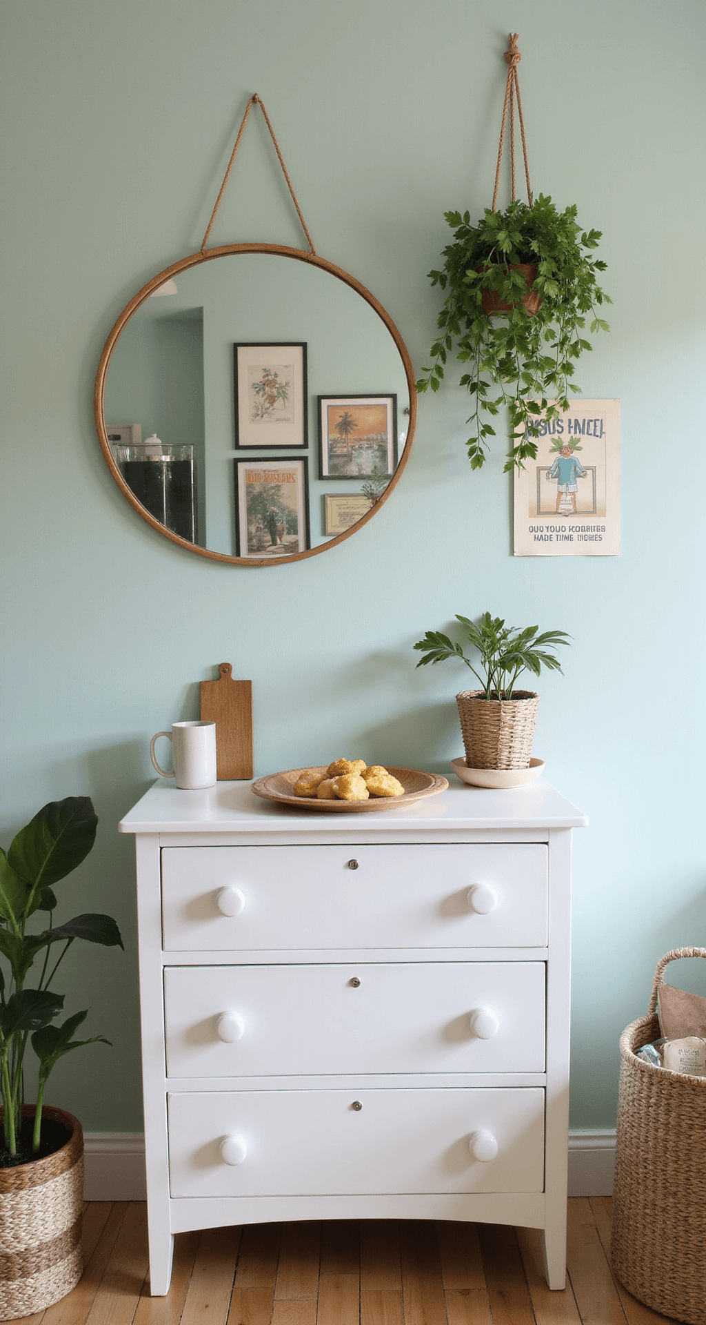 Compacte verzorgingshoek met pastelgele achterwand, witte commode met koperen handgrepen, ronde spiegel met bamboe rand, hangende plantenmandjes, geweven opbergmanden en een collectie kleine vintage posters, gefotografeerd tijdens het gouden uur met warme avondzon.