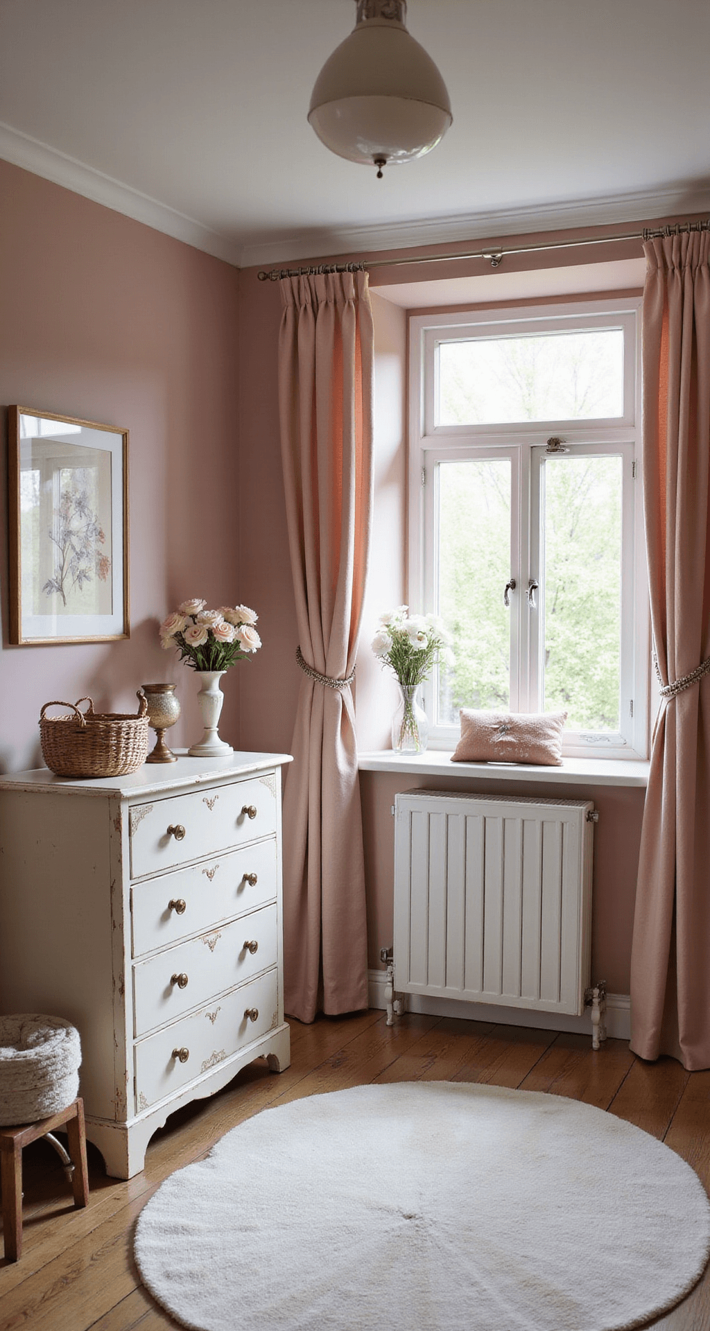 Een serene babykamer in zacht oudroze tinten, met een wit houten ledikantje en rotan details, omringd door een klamboe. Natuurlijk licht valt binnen door grote ramen met witte linnen gordijnen, terwijl een crèmekleurig hoogpolig vloerkleed en een vintage commode met gouden decoraties de ruimte sieren. Zachte kleuren en schaduwen zorgen voor een warme sfeer.