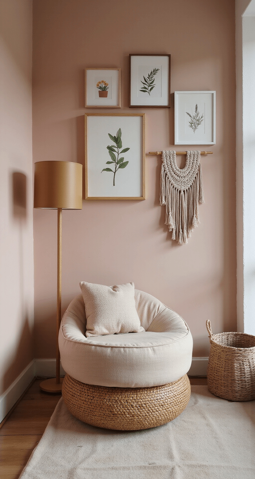 Intieme hoek van een oudroze babykamer met een rotan schommelstoel, gouden lamp, gebreid vloerkleed en botanische prints aan de muur, vastgelegd in warm ochtendlicht.