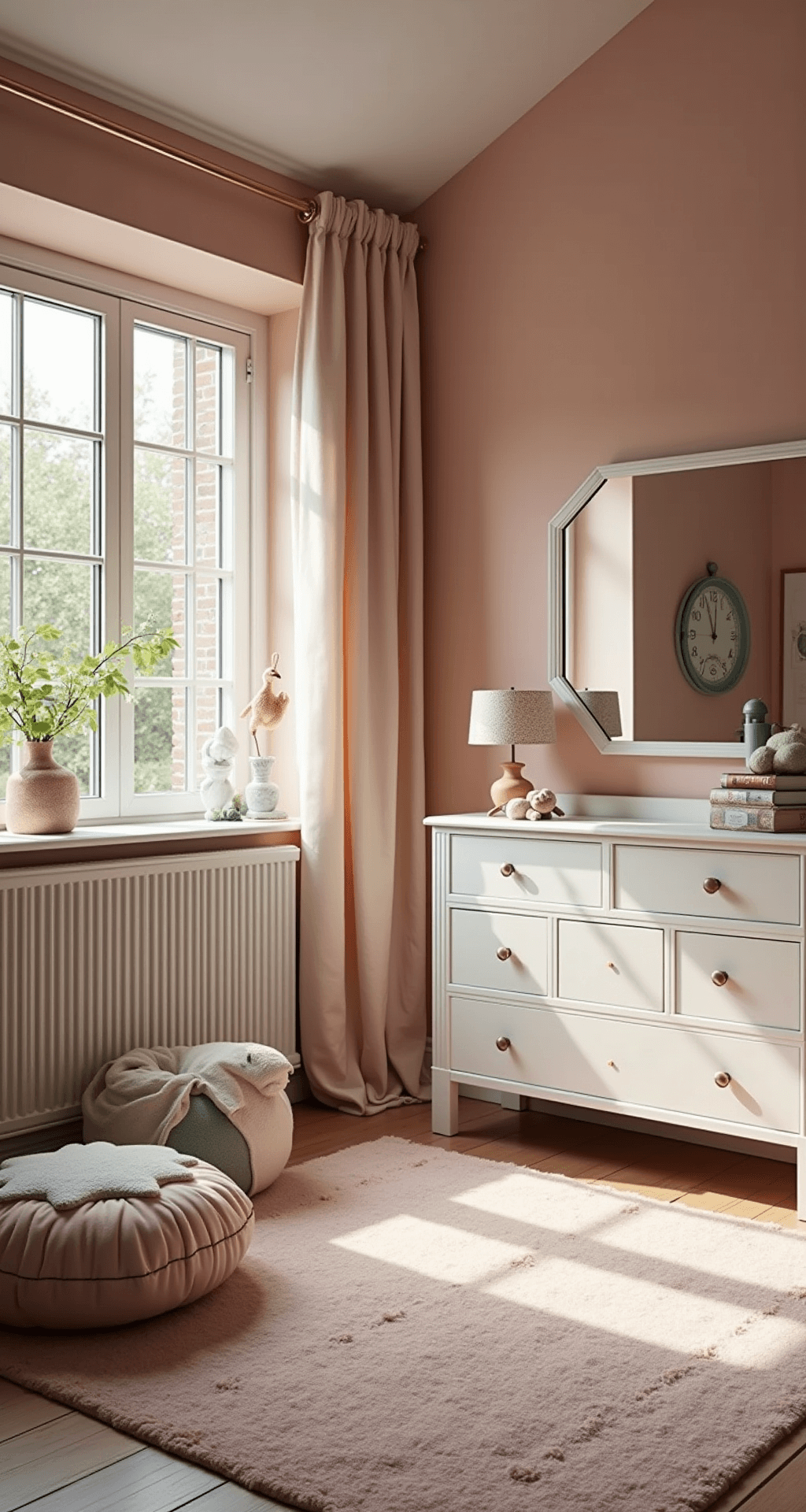 Panoramisch beeld van een L-vormige babykamer met oudroze hoofdmuur en crèmewitte lambrisering, featuring een witte kledingkast met gouden handgrepen, een rieten speelgoedmand en een mintgroene opbergbank, met zachtroze linnen gordijnen die bewegen in de bries.