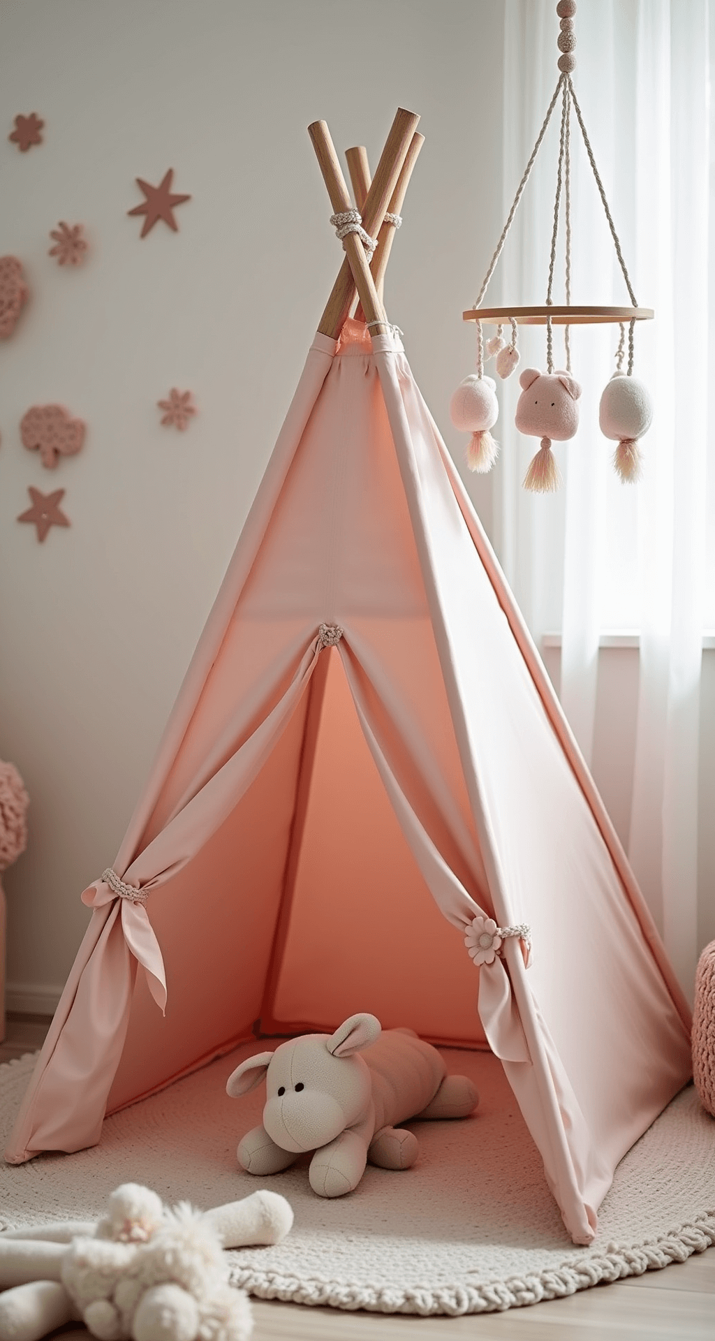 Detail van een speelhoek in een babykamer met een pastelroze tipi tent op een beige kleed, omringd door knuffels, houten speelgoedrekken en muurstickers van gouden sterretjes. Een handgemaakte mobile met roze veren vangt het licht.