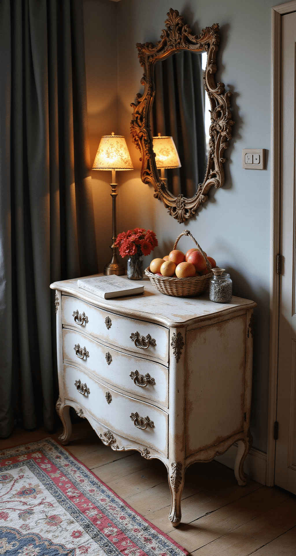 Sfeervol avondbeeld van een vintage commode in gebroken wit met gouden wandlamp, organische spiegels en manden, een zachtroze quilt, en een kristallen mobile die het laatste daglicht vangt.