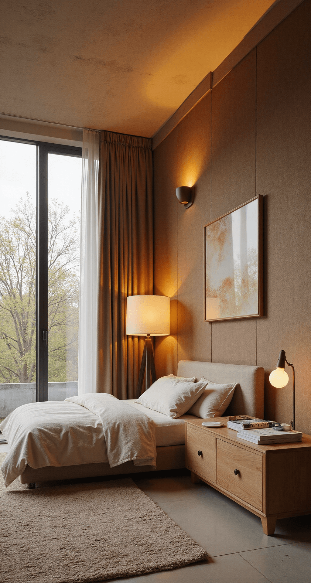 Overzicht van een sfeervolle babykamer bij zonsondergang, met een centraal ledikant en decoratieve hemel, omringd door functionele zones; muren in oudroze tinten, texturen van verf, behang en lambrisering, met houten meubels en zachte stoffen, verlicht door gouden accenten die de laatste zonnestralen vangen.