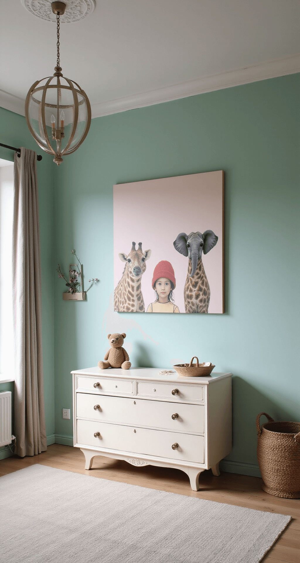 Een sfeervolle babykamer met hoge plafonds en grote ramen, gevuld met ochtendlicht. De witte wieg staat centraal, omringd door een muurcollage van dierenprints in pasteltinten. Een vintage berkenhouten commode voegt charme toe aan de mintgroene muren en crèmekleurig hoogpolig vloerkleed.