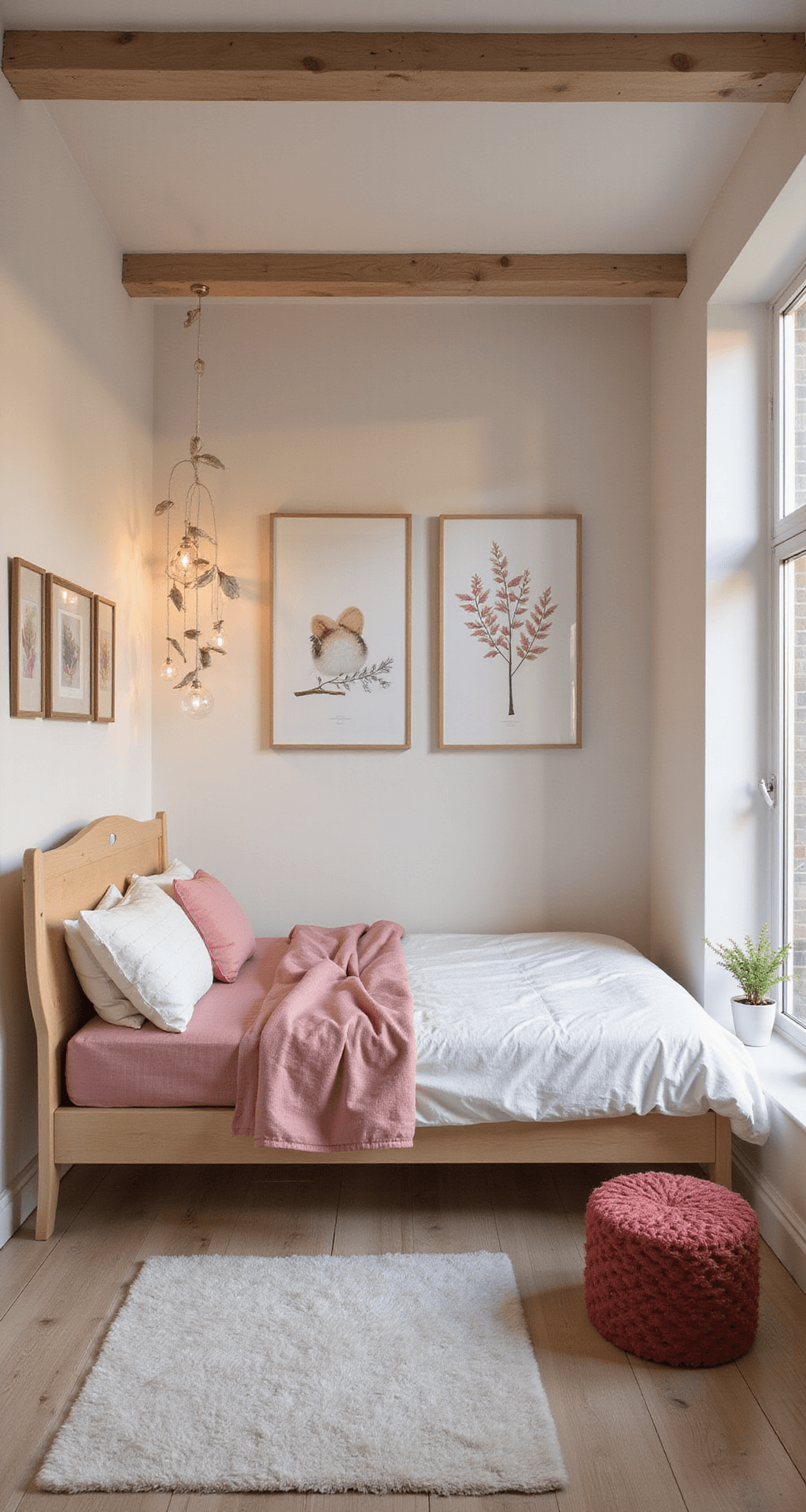Rechthoekige kinderkamer met zacht roze accentmuur, handgeschilderde wolkjes en moderne witte ledikant. Delicate mobile met vilten bosdieren boven het bed. Wandplank met botanische prints en rotan schommelstoel in de hoek, verlicht door warme gouden avondzon.