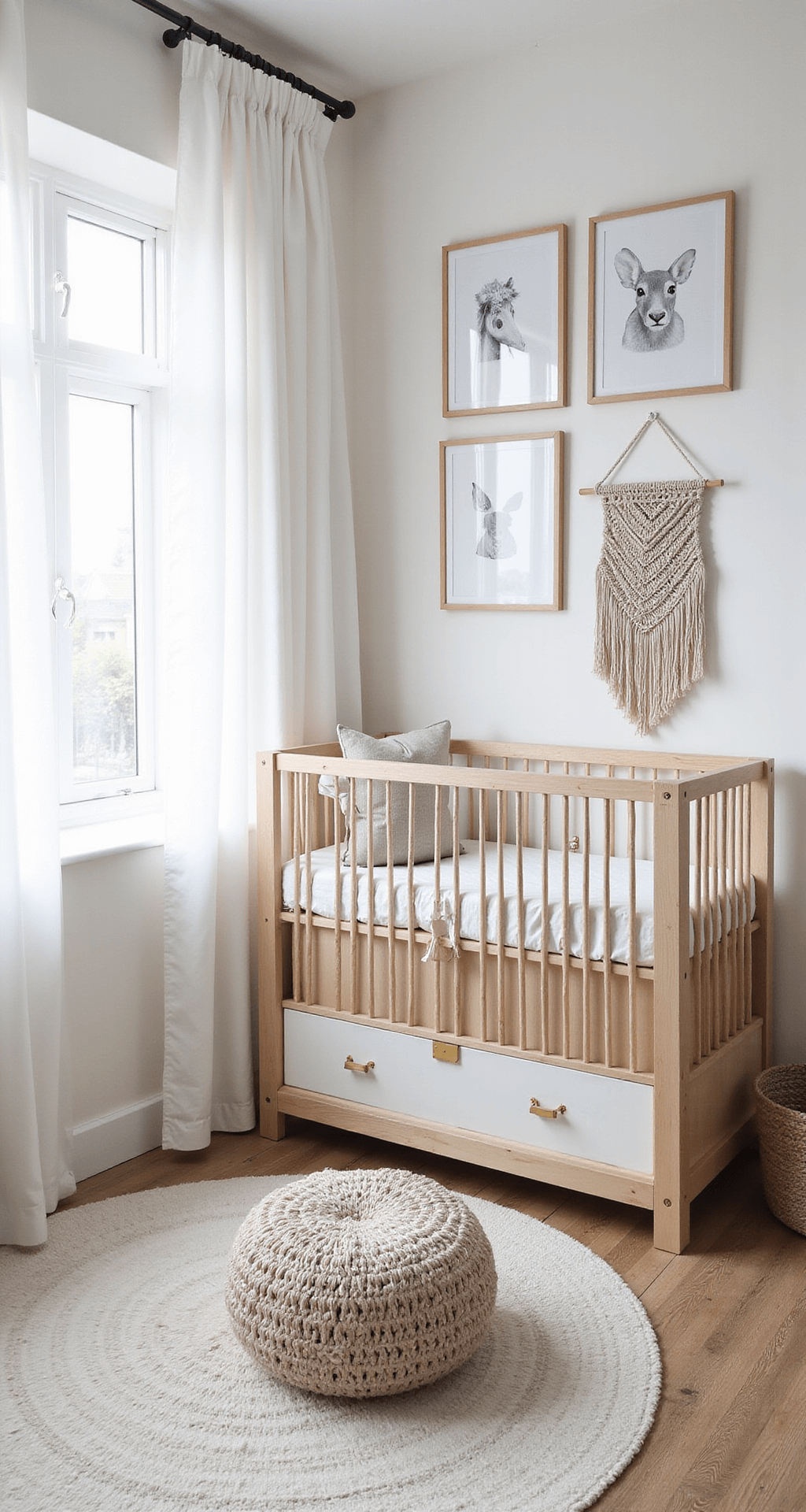 Compacte babykamer in Scandinavische stijl met bamboe rolgordijnen, geometrische dierenposters in lichtgrijze frames, wit en naturel houten meubels, een macramé wandhanger en zachtgele accentkussens, gefotografeerd in helder daglicht.