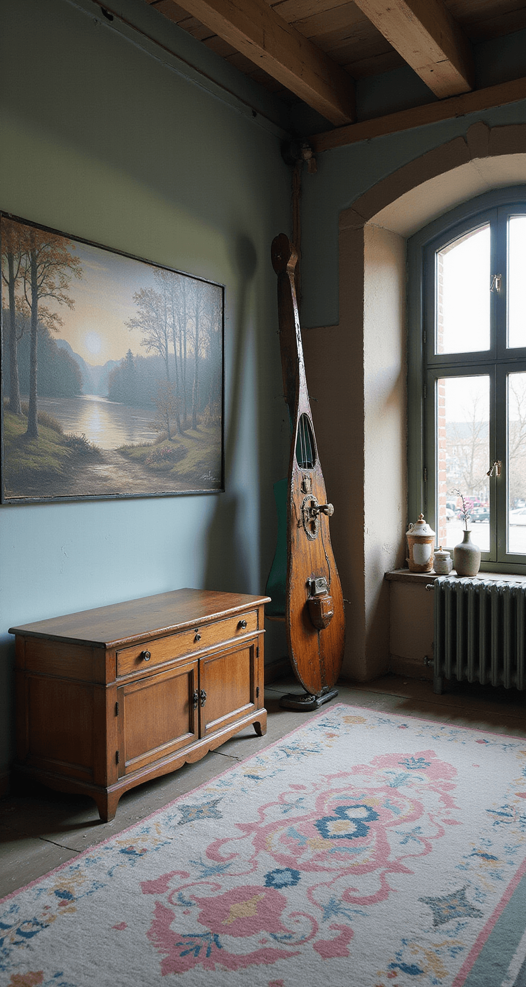 Ruime zolderkamer met dakramen en dauwdruppels op het glas, grote muurschildering van een dromerig boslandschap, vintage zeegroene metalen ledikant, handgeknoopt tapijt in pasteltinten en oude houten speelgoedkist, gefotografeerd vanuit laag standpunt in diffuus morgenlicht.