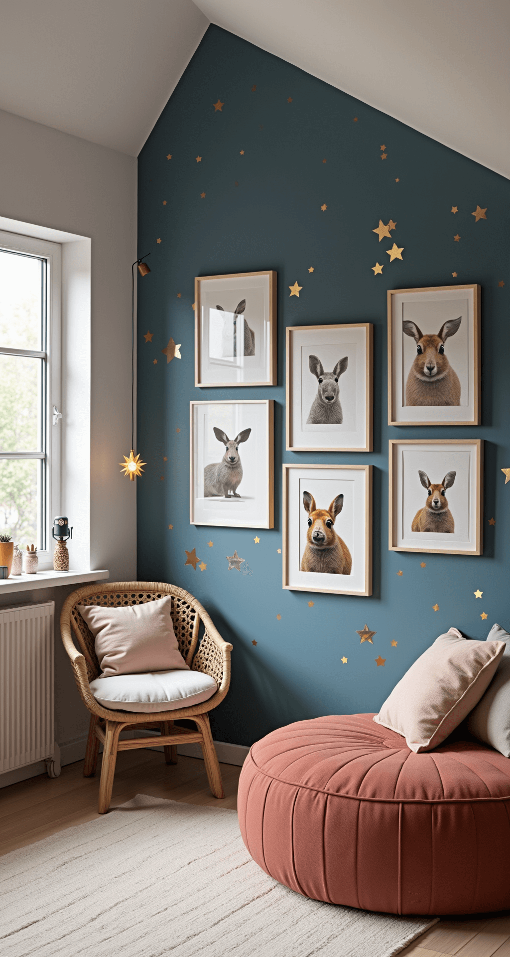 L-vormige kinderkamer met donkerblauwe accentmuur en gouden sterrenpatroon, modern wit ledikant met doorzichtige hemel, galerie muur met 9 dierenprints in gouden lijsten, fluwelen schommelstoel in oudroze, diagonaal gefotografeerd met warm kunstlicht en sterrenlamp effecten.