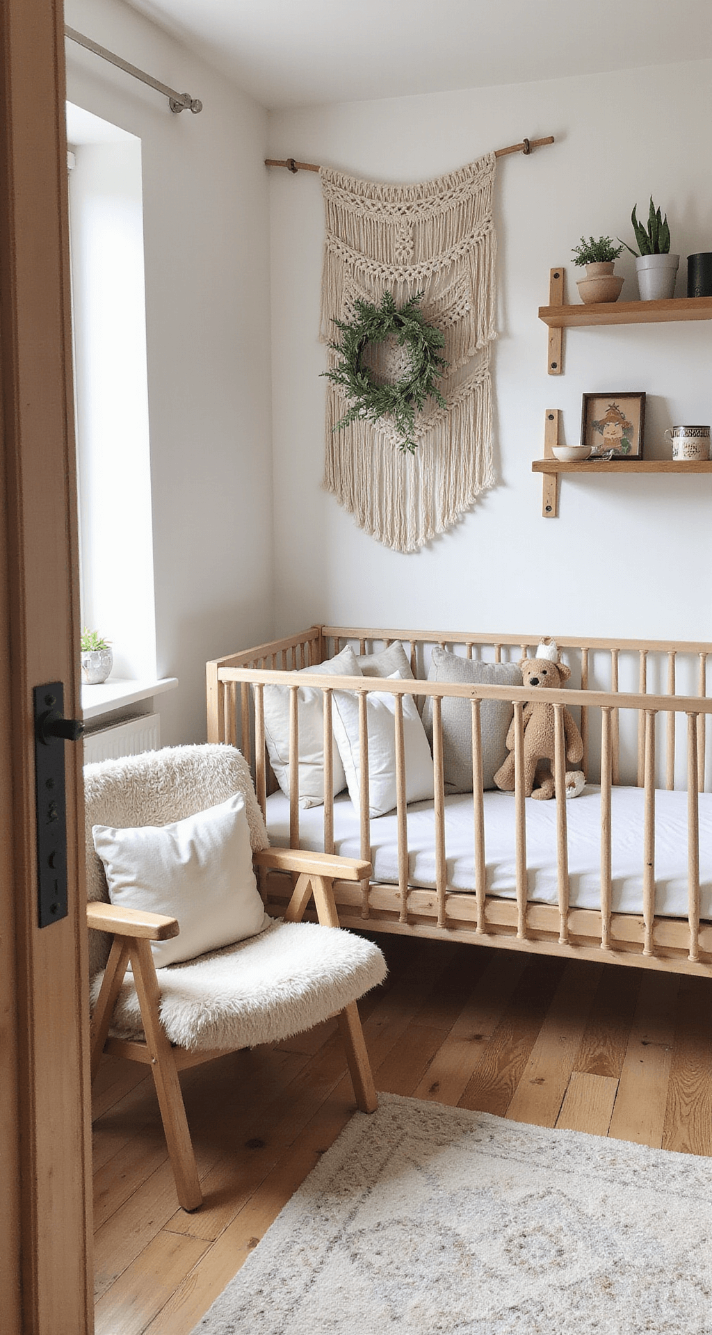 Een vierkante babykamer in boho stijl met een natuurhouten wieg, macramé decoratie, een grote wandtapijt met regenboogmotief, vintage kinderboeken op zwevende planken en een rotan speelgoedmand, verlicht door de middagzon die door kanten gordijnen valt.
