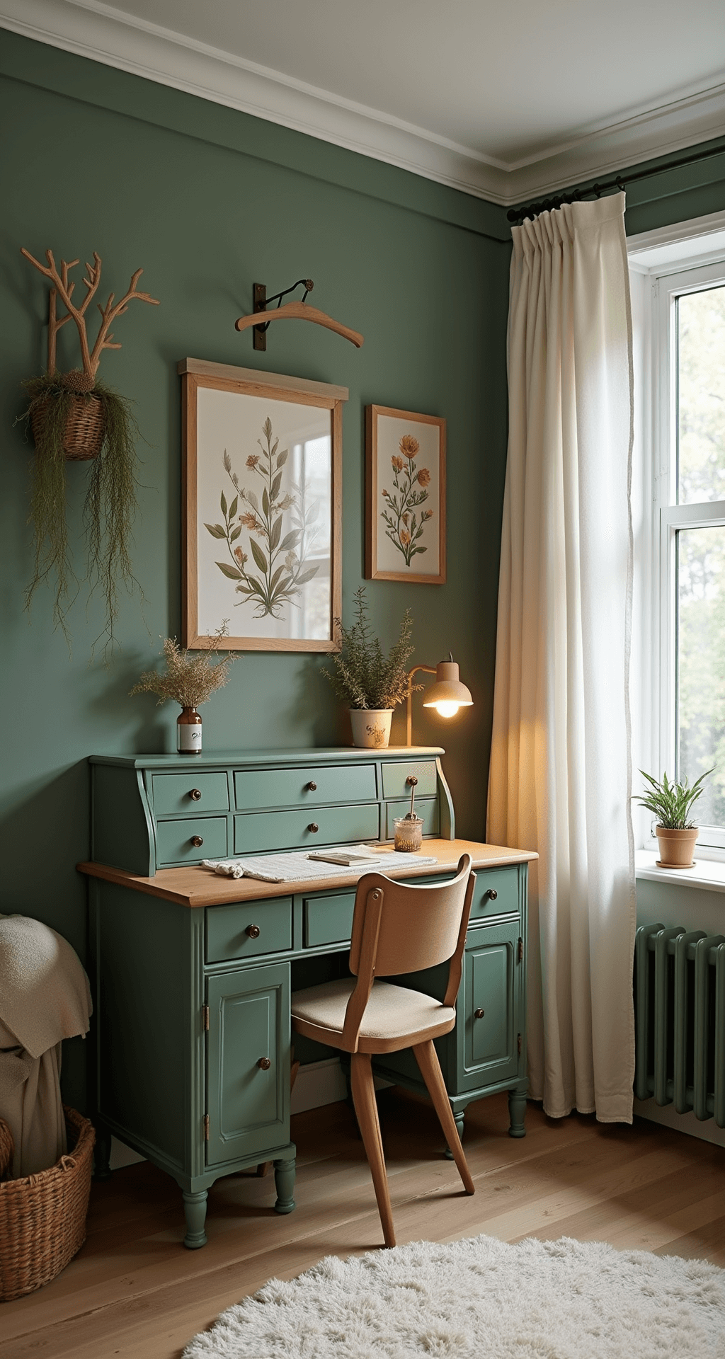 Langwerpige kinderkamer bij zonsondergang met sage groene lambrisering, klassieke ijzeren wieg in antiek wit, asymmetrisch gerangschikte botanische prenten, vintage bureautje met kinderstoel en een geweven wandkleed in aardetinten, verlicht door warm avondlicht.