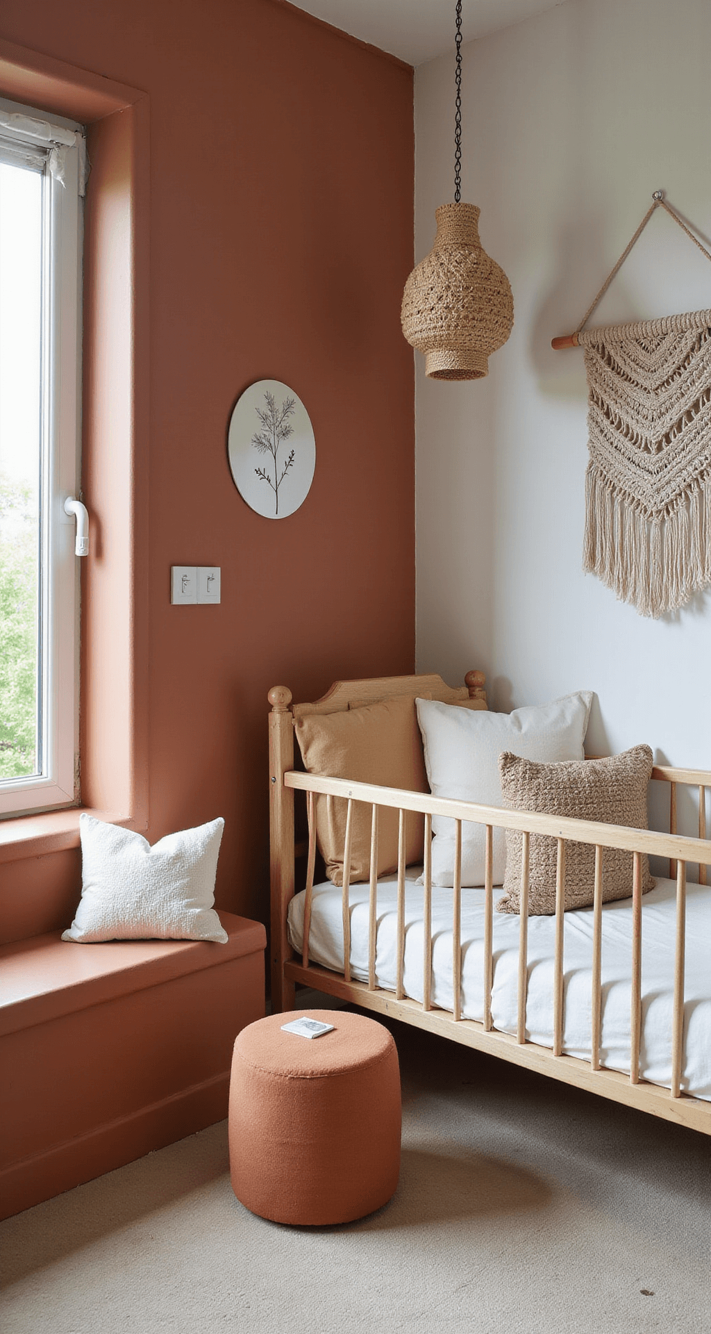 Een serene babykamer van 4x4m met terracotta accentmuur, wit-geschilderde lambrisering, een houten ledikant met linnen hemeltje, een rotan schommelstoel bij het raam, en een zacht beige wollen vloerkleed, verlicht door ochtendzon.
