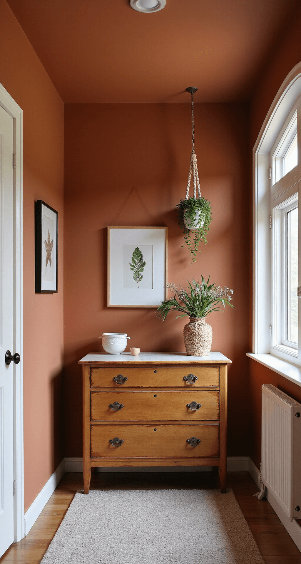 Intieme hoek van een babykamer met terracotta muren en saliegroen plafond, vintage houten commode met messingbeslag, handgebreide dekentjes in oker, rieten opbergmanden, een kleine gallery wall met natuurprints, en een macramé plantenhanger, gefotografeerd met warme zijwaartse belichting.