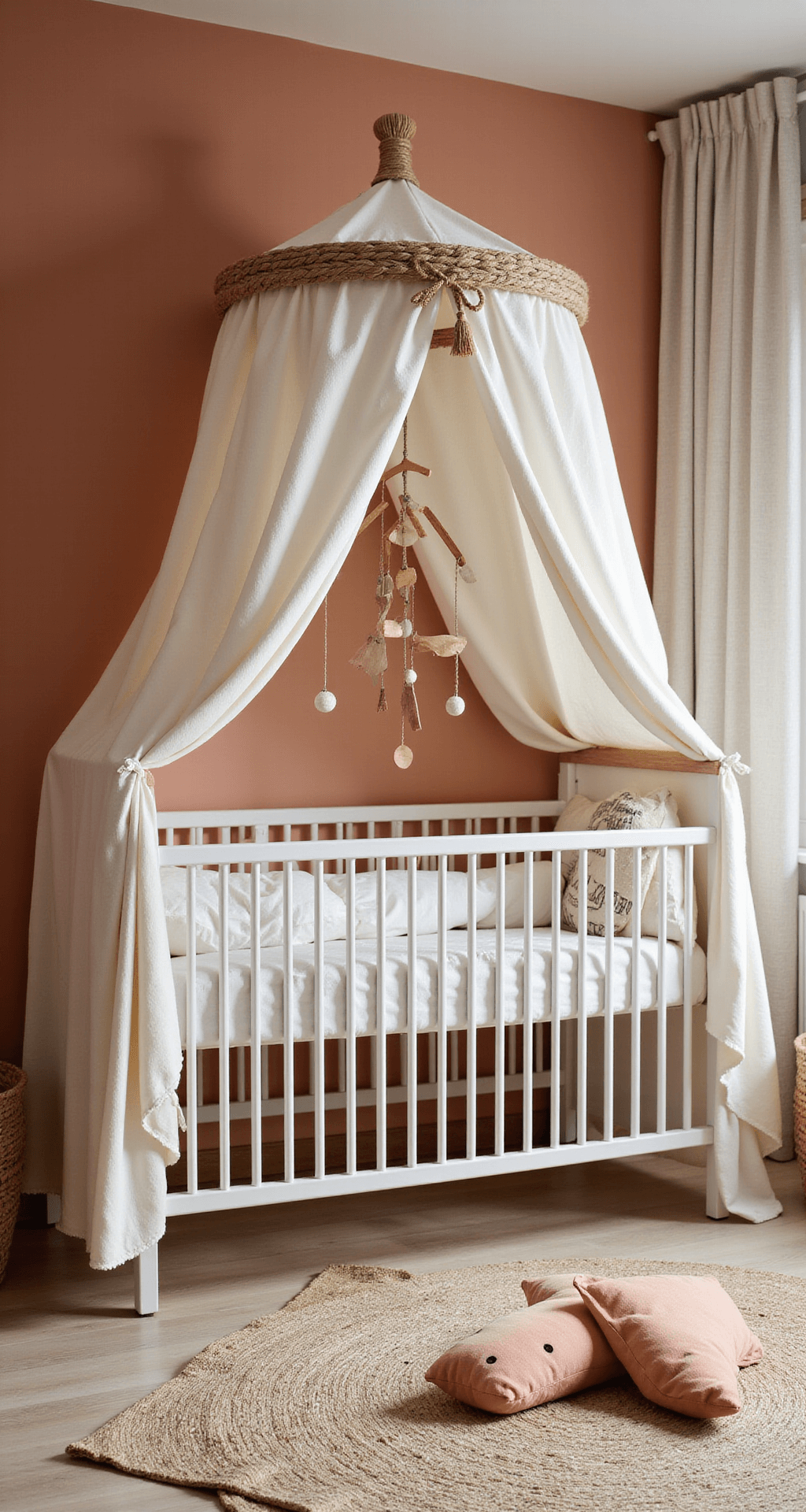 Langwerpige babykamer met terracotta en beige kleurverloop op de hoofdmuur, een wit spijlenbedje met linnen hemel, zachte schapenvelletjes, een rotan speelgoedmand en een houten kruk met koperen details. De handgemaakte mobile van natuurlijke materialen hangt boven het bedje, alles verlicht door diffuus middaglicht vanuit het raam.