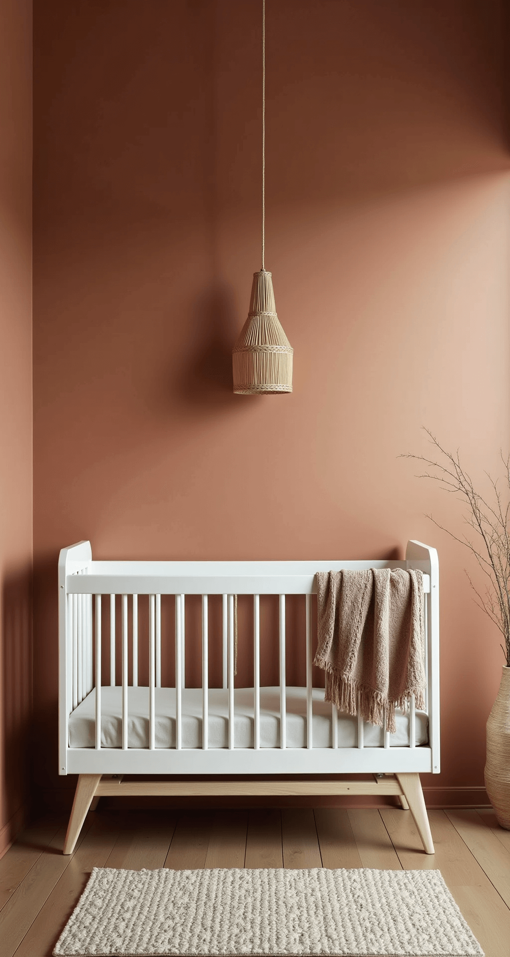 Moderne babykamer in schemerlicht met terracotta muren en geometrische gouden patronen, minimalistisch wit ledikant, asymmetrische styling met wollen dekens, zwevende planken met natuurlijke decoratie en industriële messing wandlamp, vastgelegd vanuit vogelperspectief met dramatische schaduwwerking.