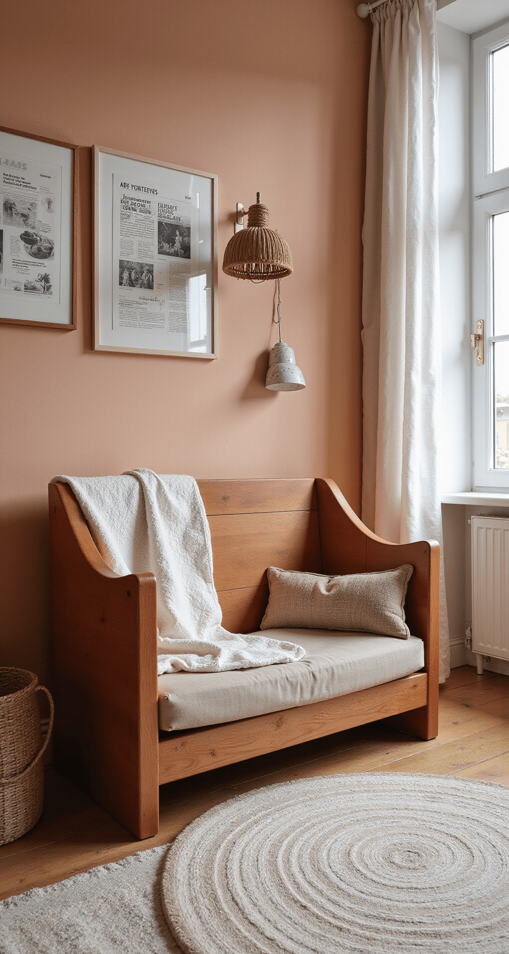 Een knusse babykamerhoek in ochtendgloed met terracotta muren en roomwitte accenten. Een vintage houten schommelstoel bekleed met linnen, een handgeweven wandkleed in aardetinten en een koperen vloerlamp. Zachte textielen in lagen creëren een nostalgische en warme sfeer. De foto is genomen op kindhoogte met natuurlijke belichting.