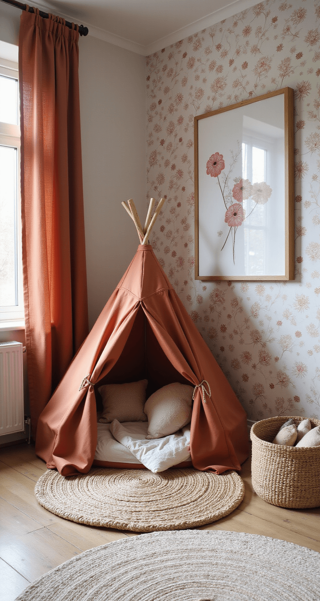 Ruime babykamer met terracotta lambrisering en botanisch behang, eigentijds ledikant in vergrijsd hout, linnen en katoen in neutrale tinten, rotan speelhoek met natuurlijke speelgoedjes, sfeervol en speels.