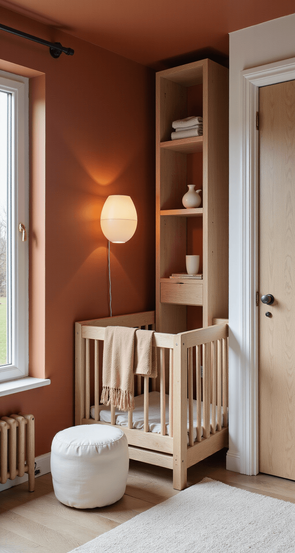 Een vierkante babykamer van 3.5x3.5m met terracotta wanden en witte architecturale details, ingericht met een Scandinavisch design ledikant en zachte verlichting. Minimalistische decoratie met natuurlijke materialen en lage kastjes in licht hout. De camera staat op ooghoogte in een hoek, met warme spotverlichting voor een moderne en knusse sfeer.