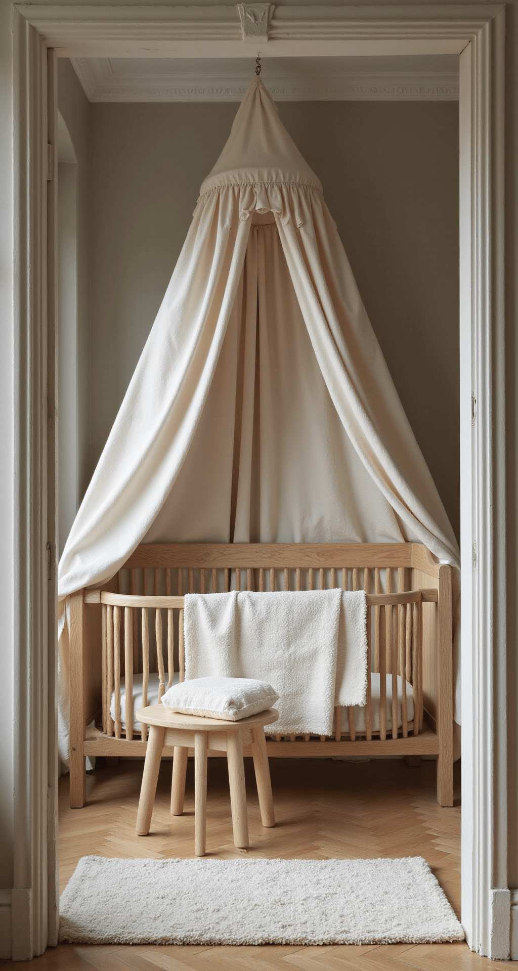 Ruime, vierkante babykamer met een massief eikenhouten ledikant en natuurlijk ochtendlicht dat zachte schaduwen werpt, een schommelstoel in roomwitte teddy stof, een ecru handgeweven vloerkleed en een houten mobiel.