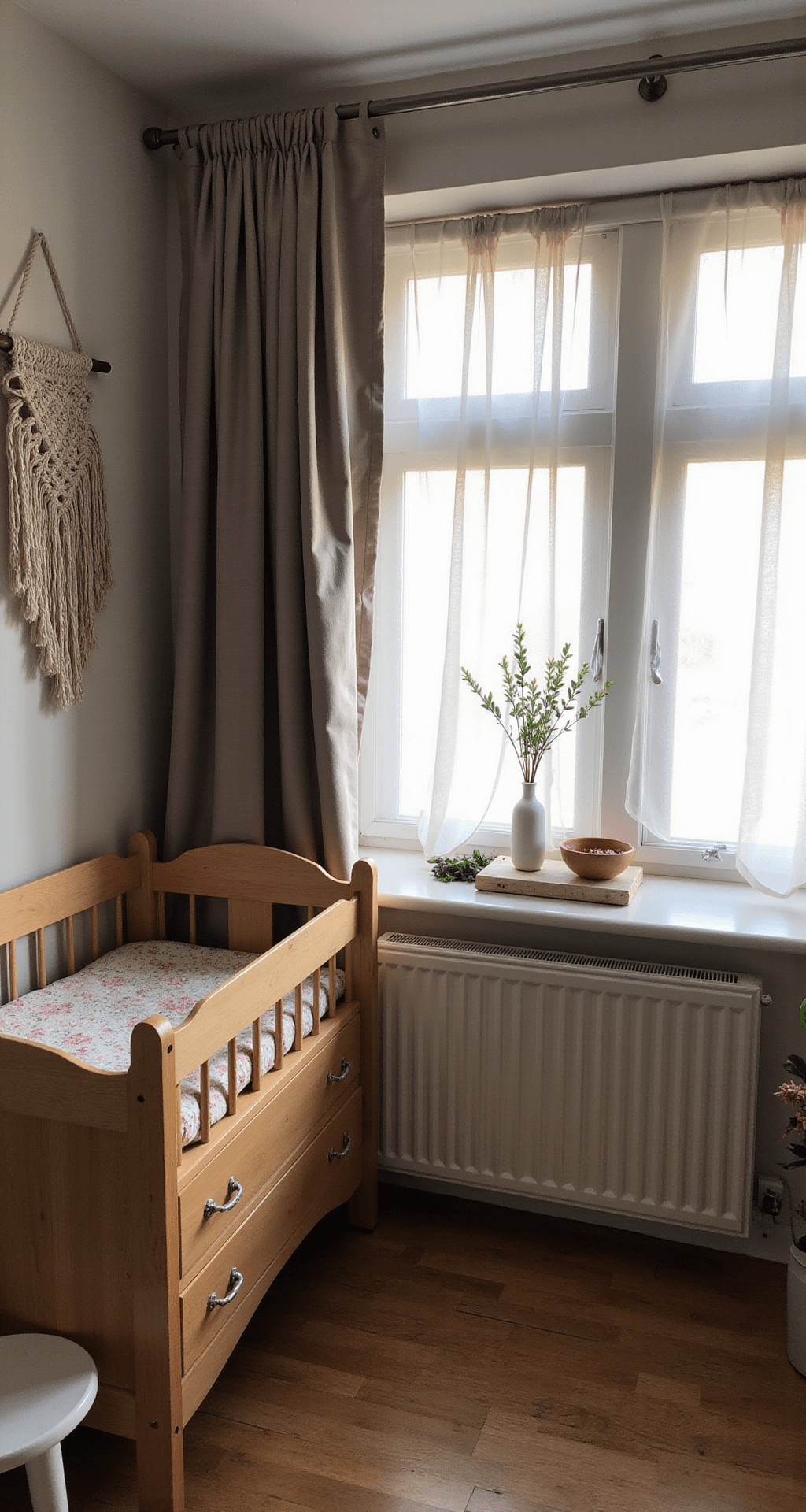 Intieme babykamer met donker walnotenhouten meubels, middaglicht door linnen gordijnen, robuuste commode met koperen handgrepen, wandplanken met rieten manden, vintage Perzisch kleed in vergrijsde rozetinten, en macramé wandhanger.