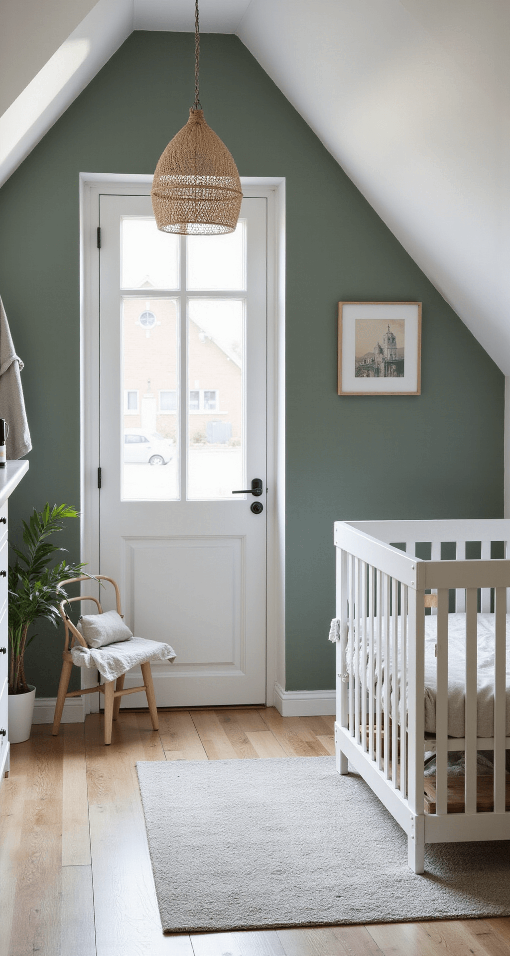 Moderne Scandinavische babykamer van 3x5m met witgeolied grenen ledikant, lichtgrijze muren, zwevende wandplanken en rotan hangstoel, verlicht door zacht avondlicht en met geometrisch vloerkleed.