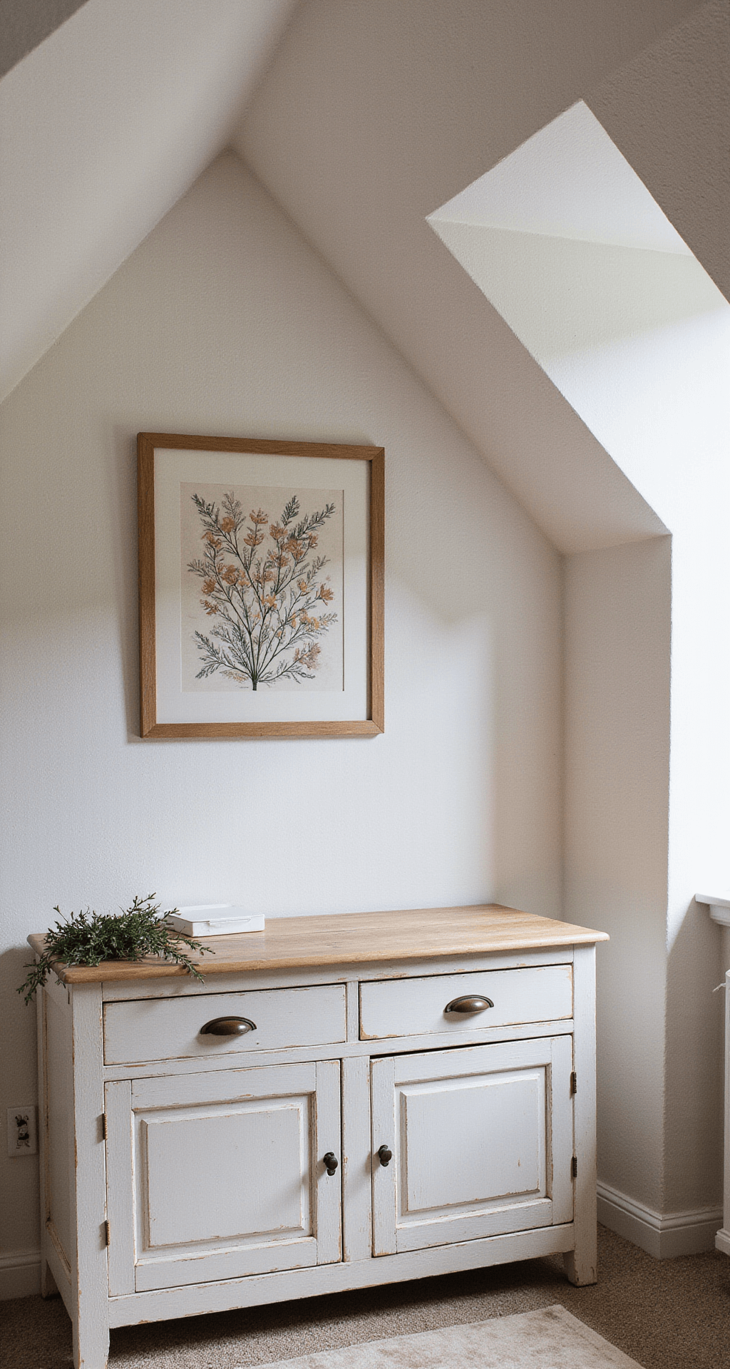 Vierkante kinderkamer met mansardedak en houten balken, vintage meubels in whitewash, speel/leeshoek met houten kisten, zachte poedertinten textielen, botanische prints aan de muur, daglicht via dakraam, architecturale compositie, nostalgische en speelse sfeer.