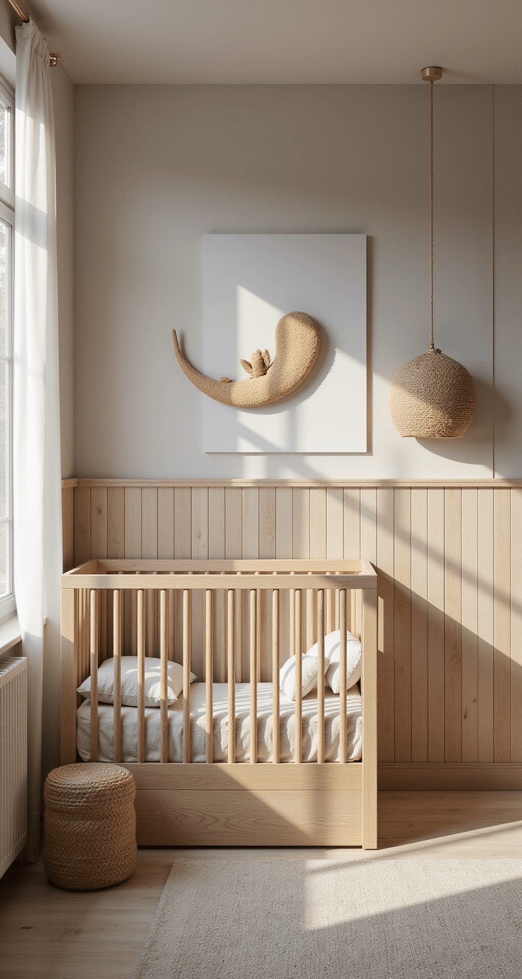Compacte babykamer met bamboe meubellijn, ochtendlicht door gevlochten bamboe rolgordijn, houten ledikant met opbergbank, natuurlijke wanddecoratie van drijfhout en schelpen, sisal vloerkleed, gefotografeerd vanuit deuropening op ooghoogte.