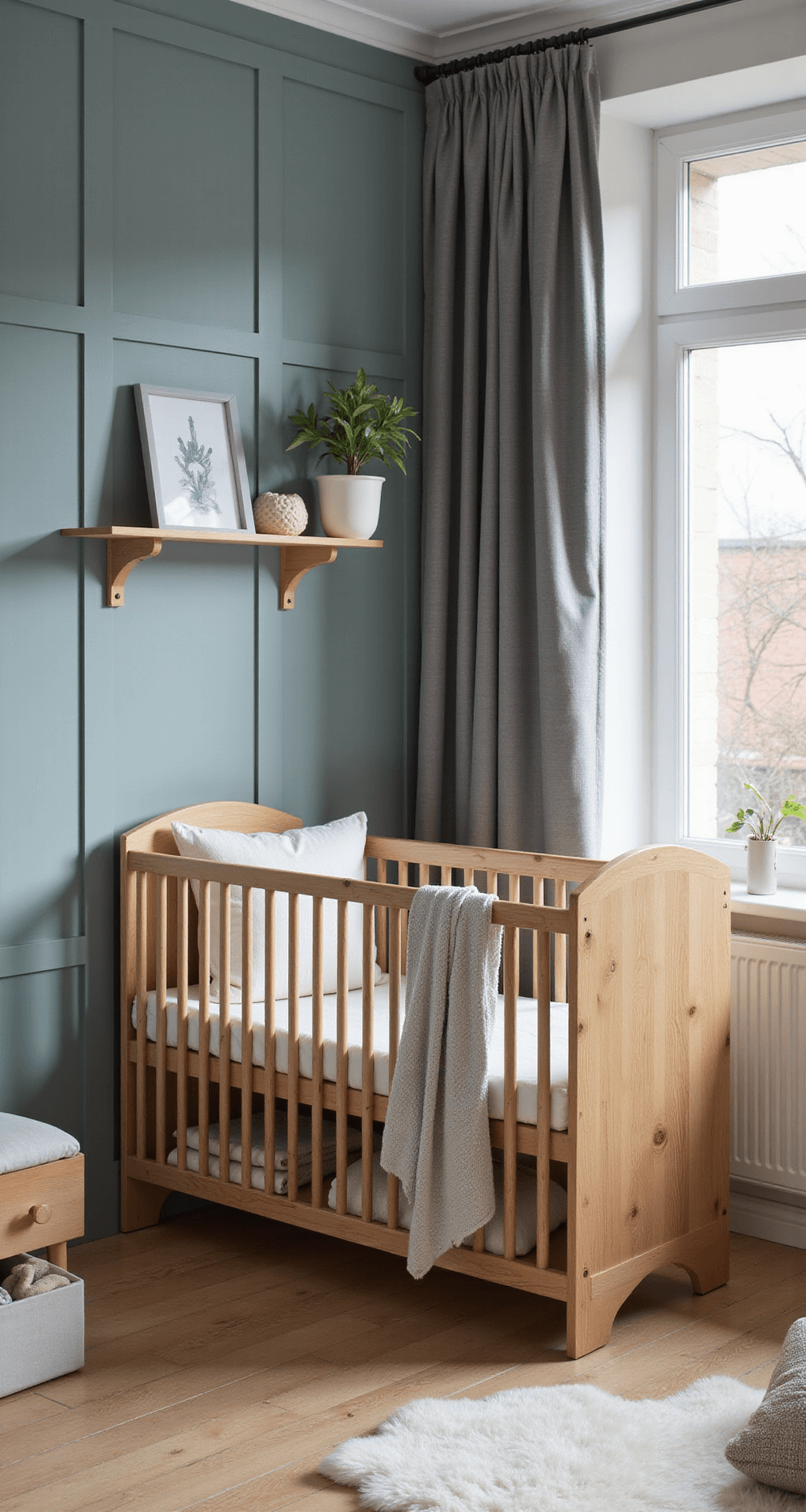 Ruime hoekbabykamer met erker, voorzien van massief eiken meubels in honingkleur en gestoffeerde wandpanelen in zachtgrijs linnen. Boven een centraal speelkleed hangt een kroonluchter van natuurlijk hout. Open kasten tonen een verzameling houten speelgoed, gefotografeerd vanuit een verhoogd standpunt met een 24mm lens in gemengd natuurlijk en kunstlicht, met een luxueuze en warme sfeer.