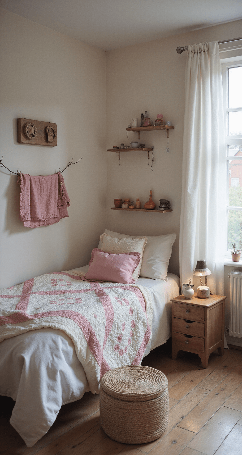 Een knusse babykamer in een zolder met schuine wanden, met een vintage houten wieg op wieltjes in het middelpunt, verlicht door schemerlicht met accentverlichting. Blanket gemaakt van handgemaakte quilts in pasteltinten op een schommelstoel en een wandplank met oude houten speeltjes, alles met een romantische en nostalgische sfeer.